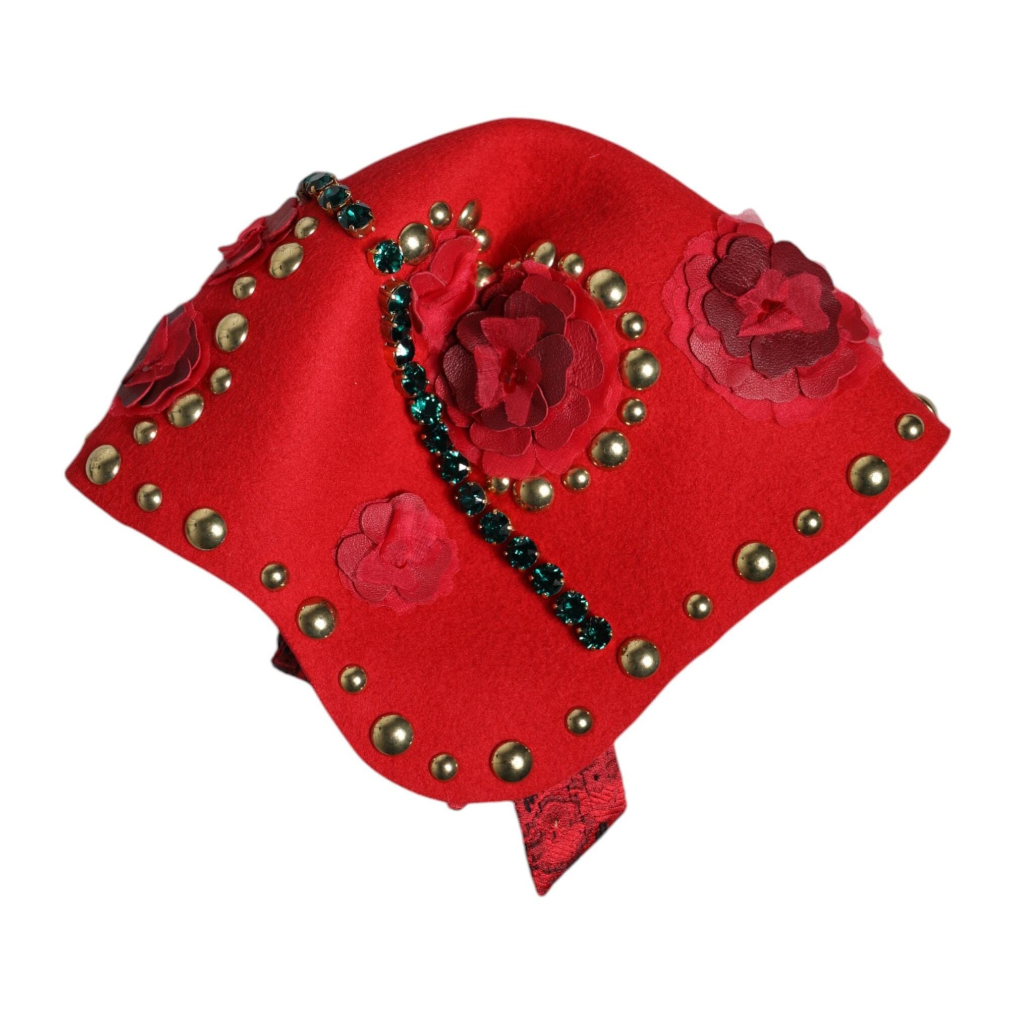 Dolce & Gabbana Red Crystal Gold Roses Brooch Embellished Hat