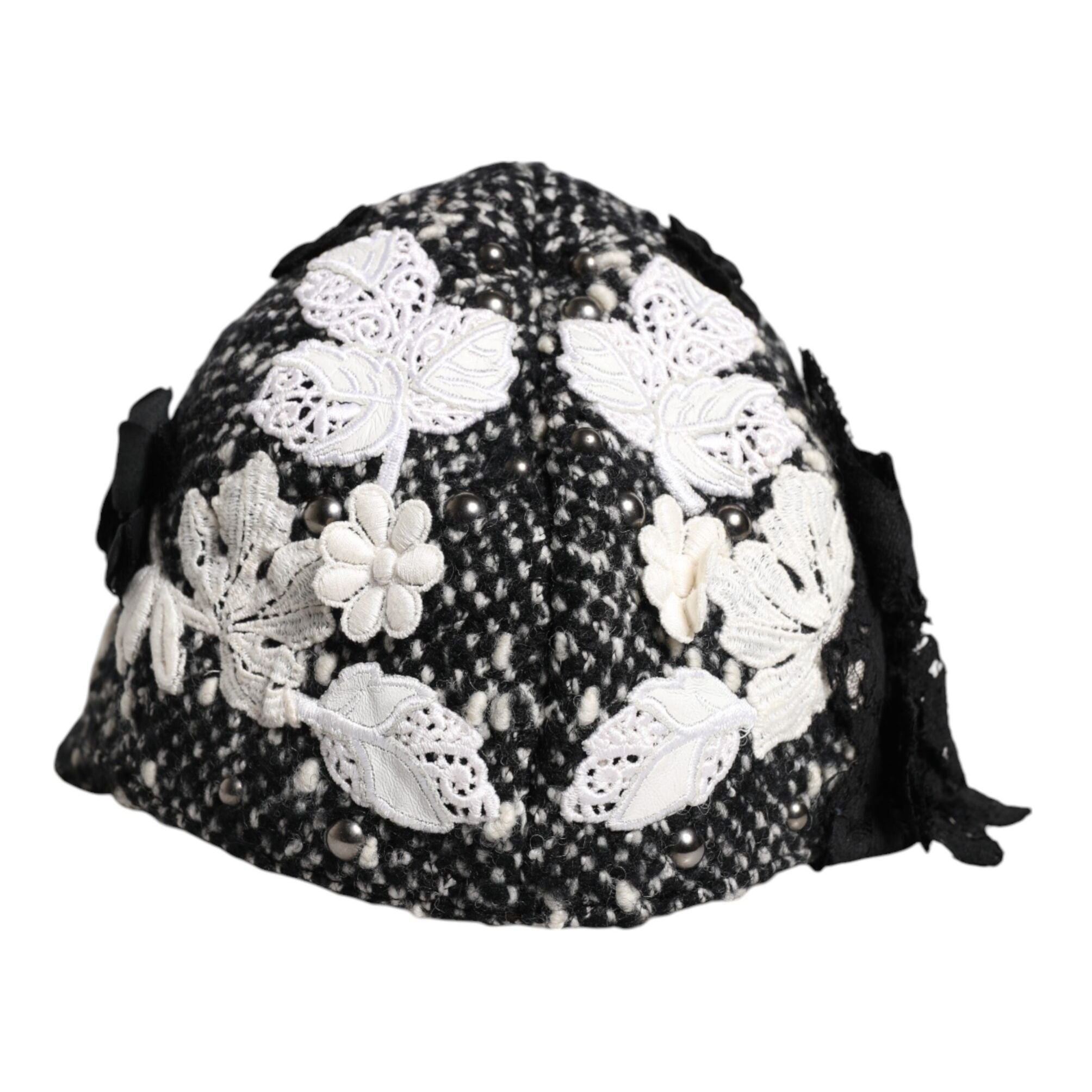 Dolce & Gabbana Black Wool White Floral Embellished Cloche Hat