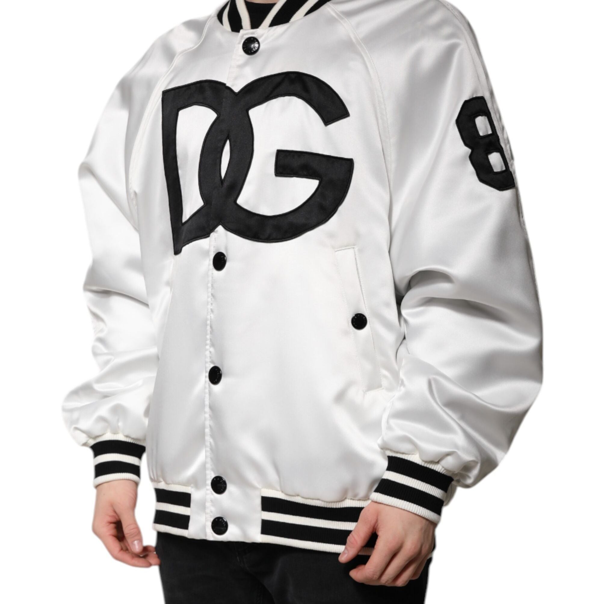 Dolce & Gabbana White DG Logo Polyester Jersey Bomber Jacket