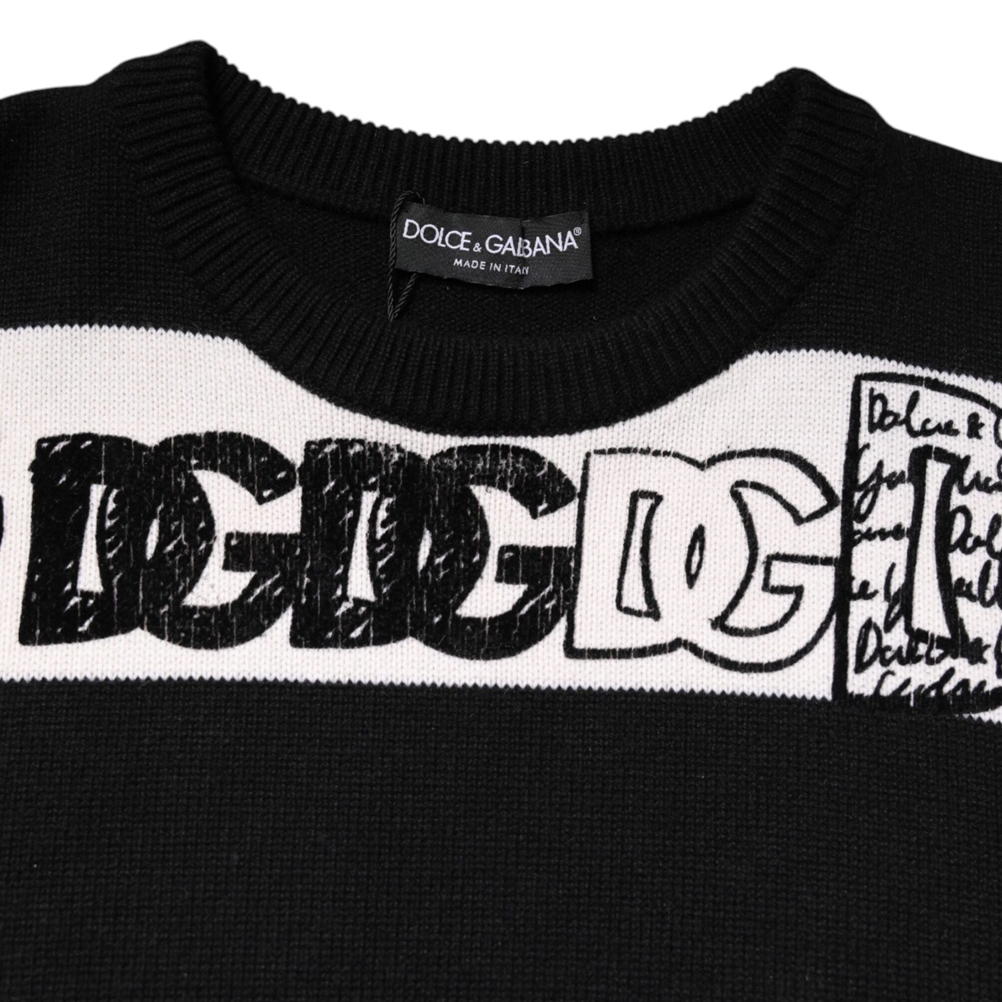 Dolce & Gabbana Black White Logo Print Wool Pullover Sweater