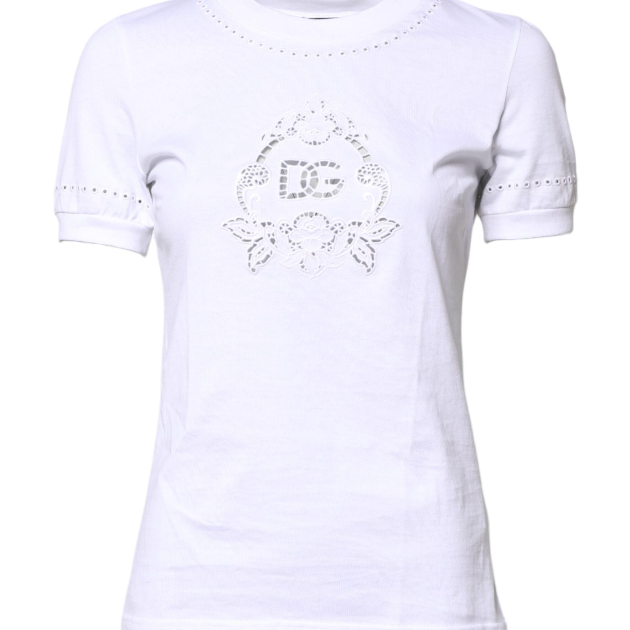 Dolce & Gabbana White Cotton Floral Logo Crew Neck T-shirt