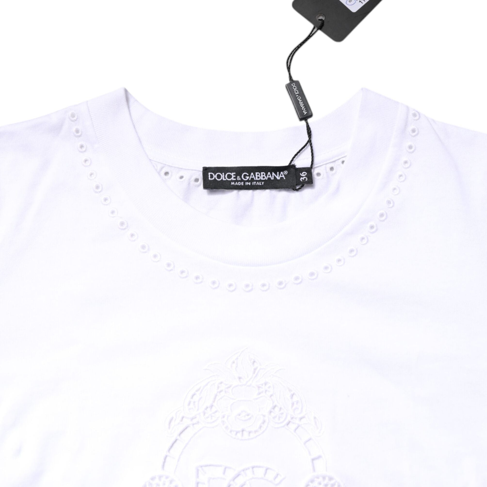 Dolce & Gabbana White Cotton Floral Logo Crew Neck T-shirt