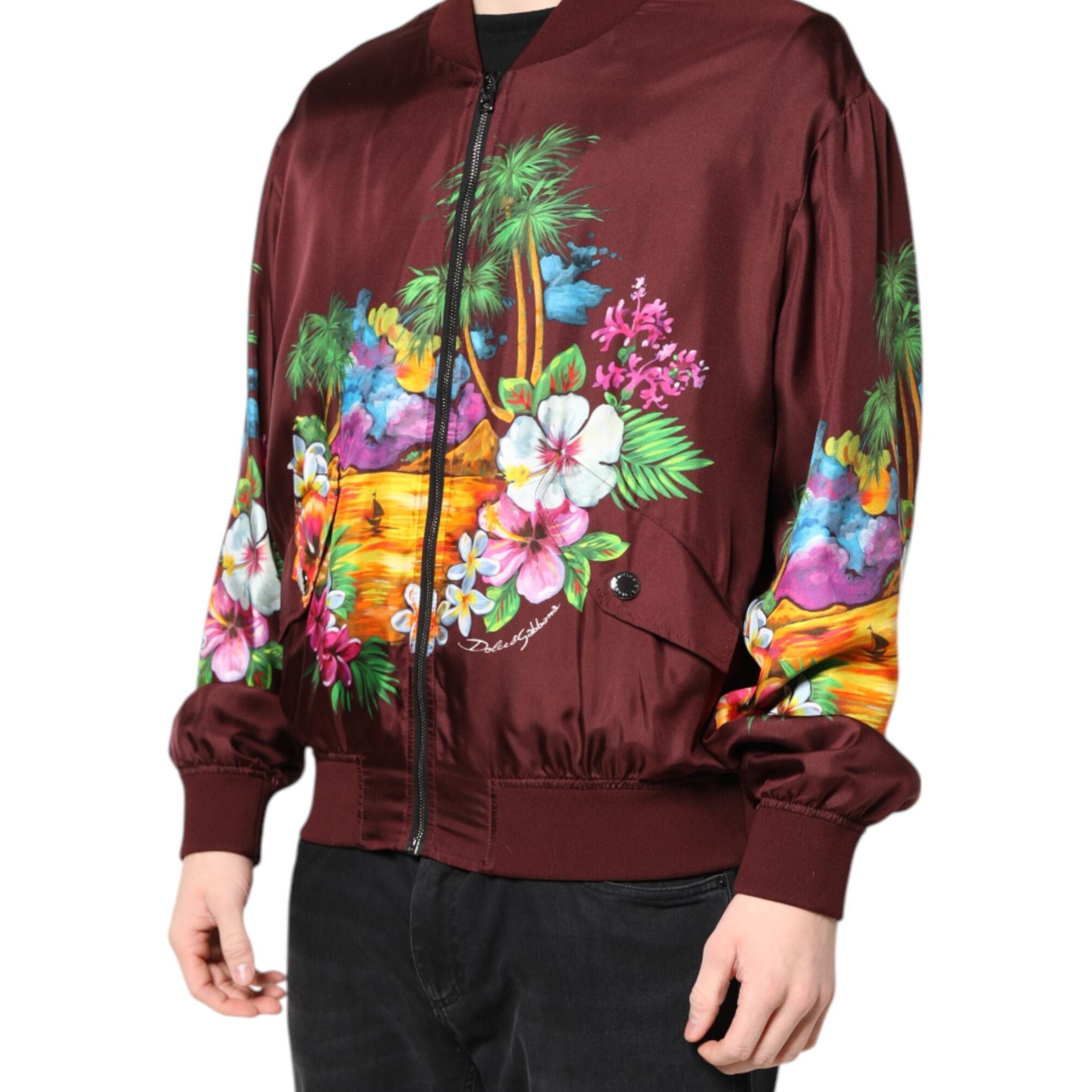 Dolce & Gabbana Maroon Floral Print Full Zip Bomber Jacket
