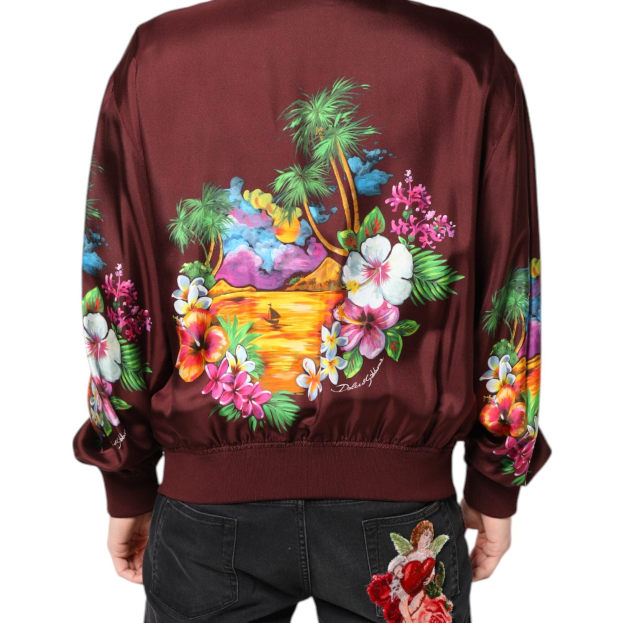 Dolce & Gabbana Maroon Floral Print Full Zip Bomber Jacket