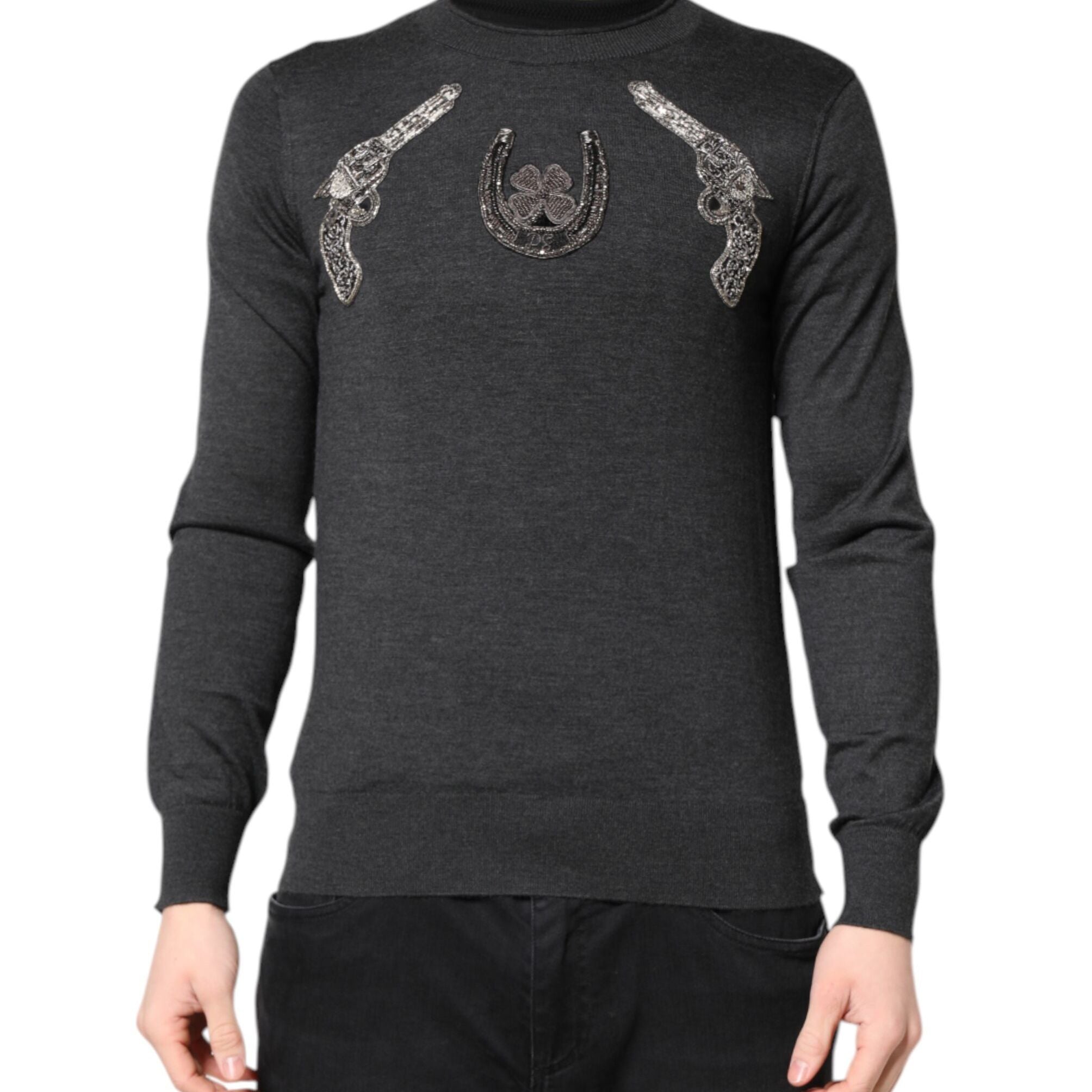 Dolce & Gabbana Gray Embroidery Knit Men Pullover Sweater