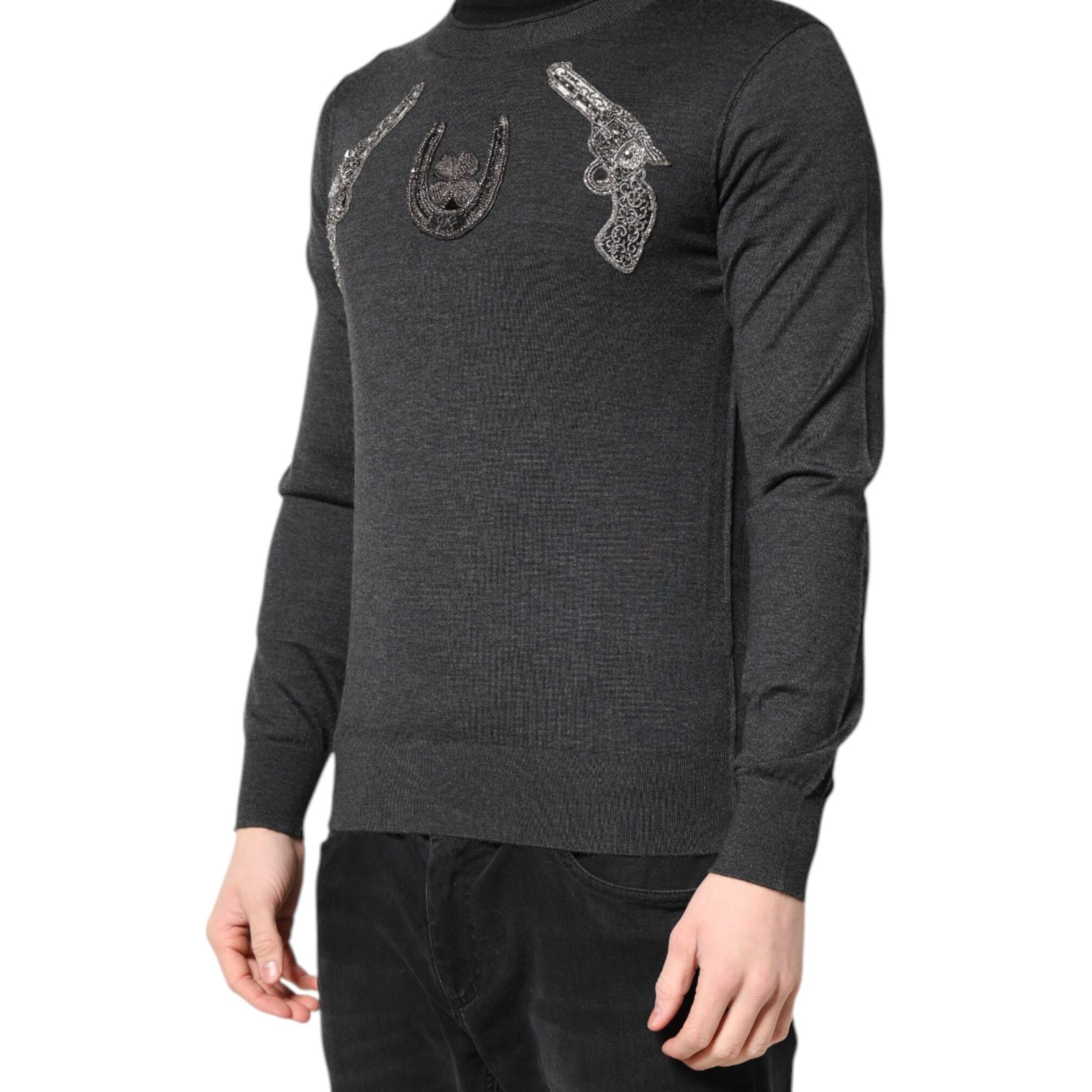Dolce & Gabbana Gray Embroidery Knit Men Pullover Sweater