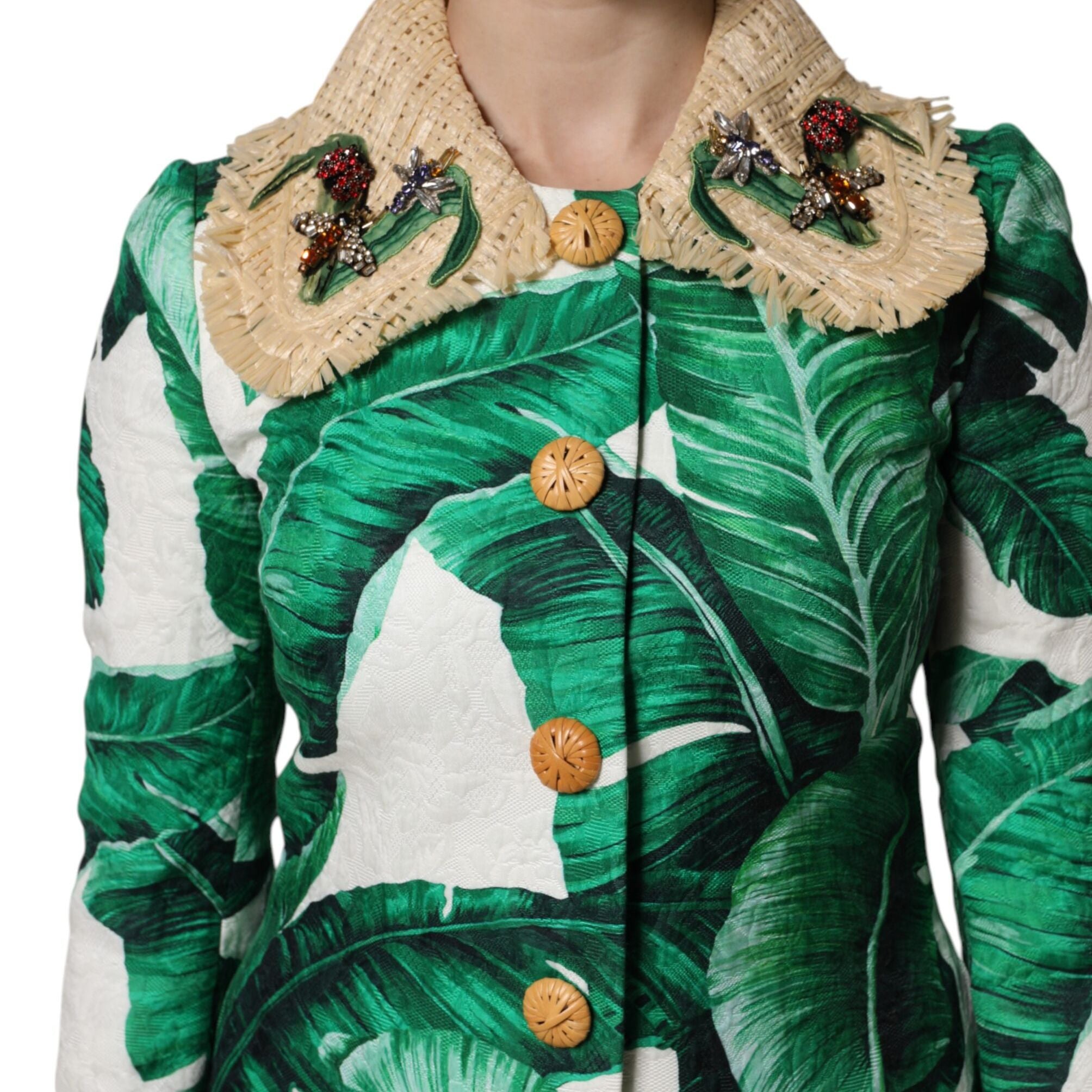 Dolce & Gabbana Multicolor Leaf Print Embellished Trenchcoat Jacket