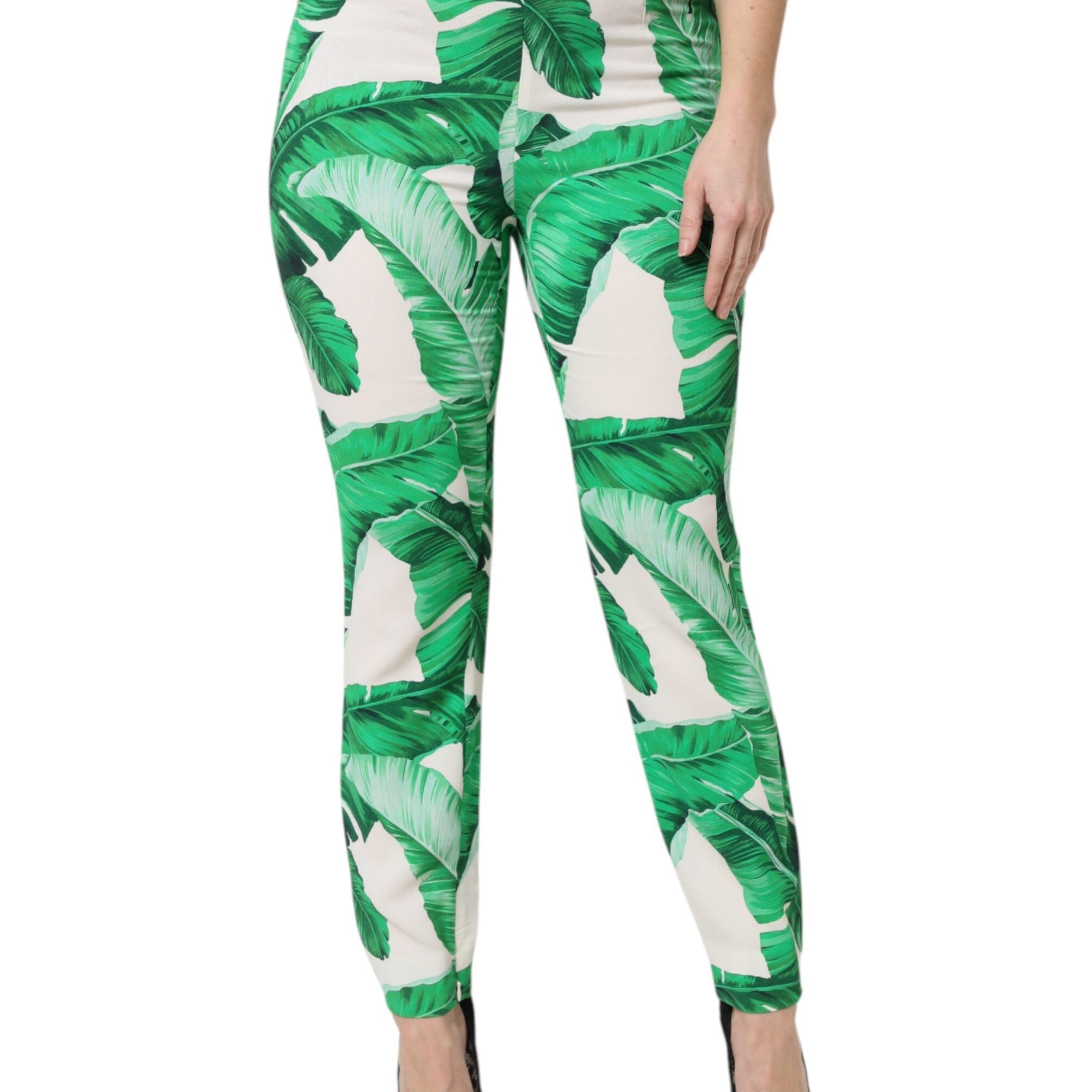 Dolce & Gabbana White Green Leaf High Waist Pants