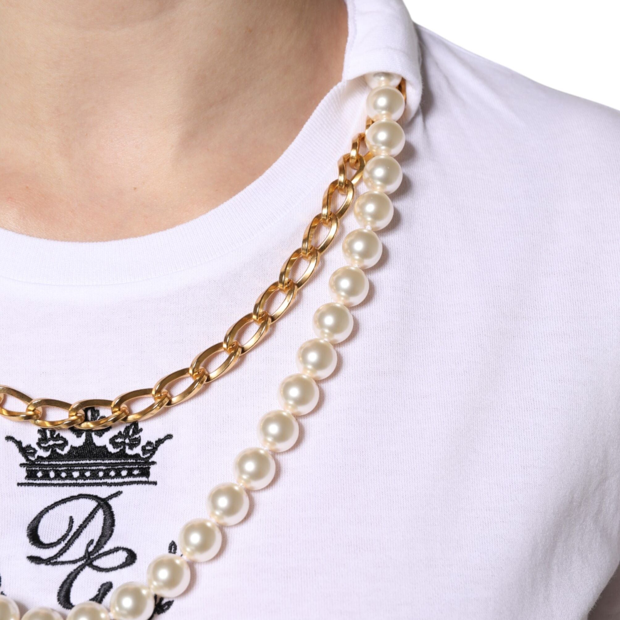 Dolce & Gabbana White Chain Pearl Cotton Round Neck T-shirt