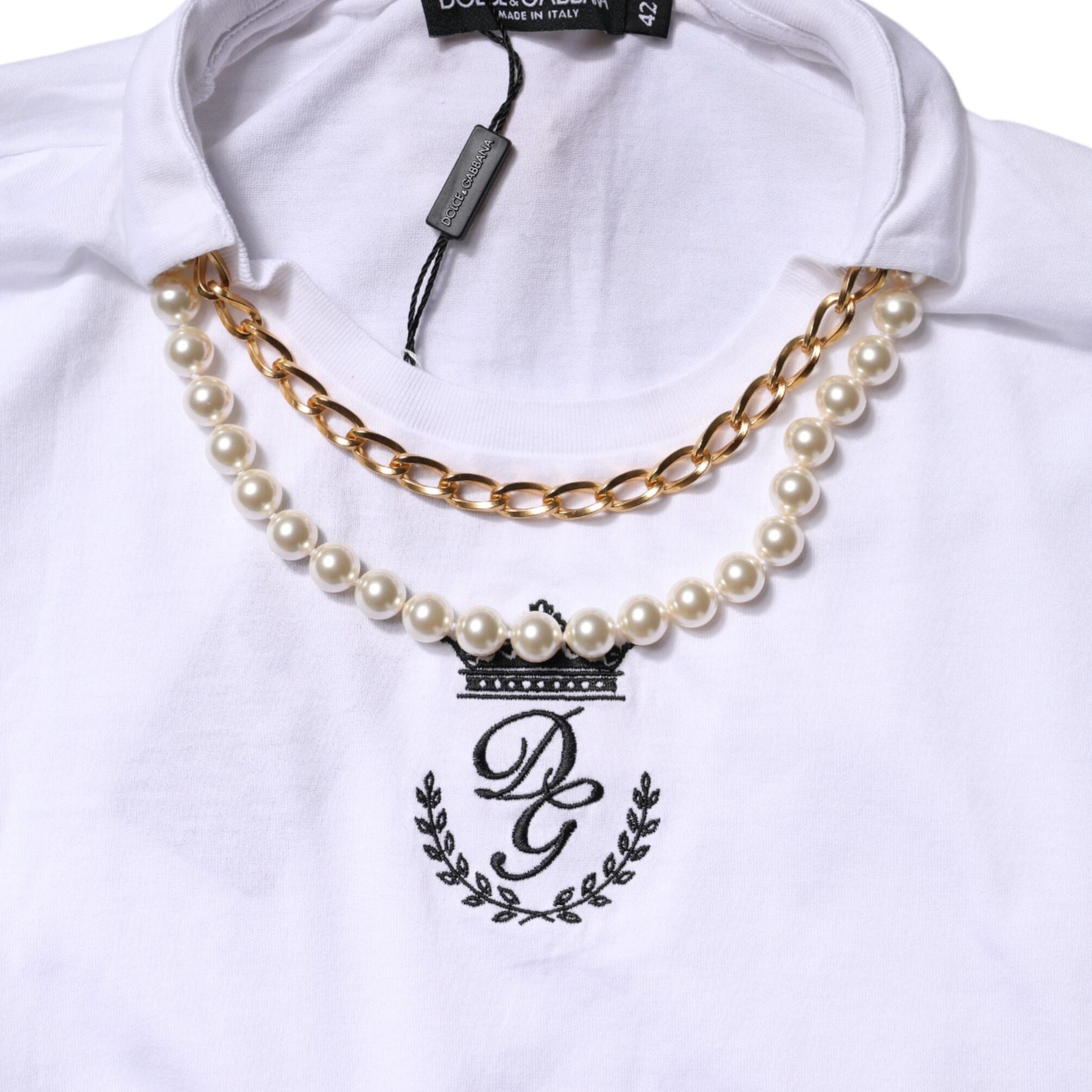 Dolce & Gabbana White Chain Pearl Cotton Round Neck T-shirt