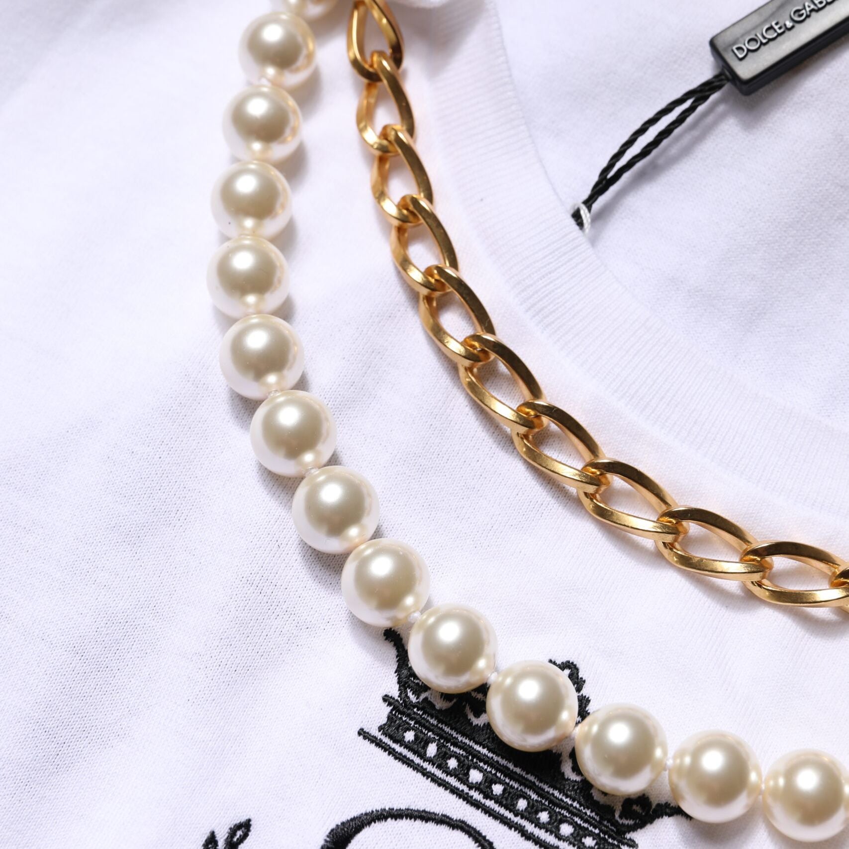 Dolce & Gabbana White Chain Pearl Cotton Round Neck T-shirt