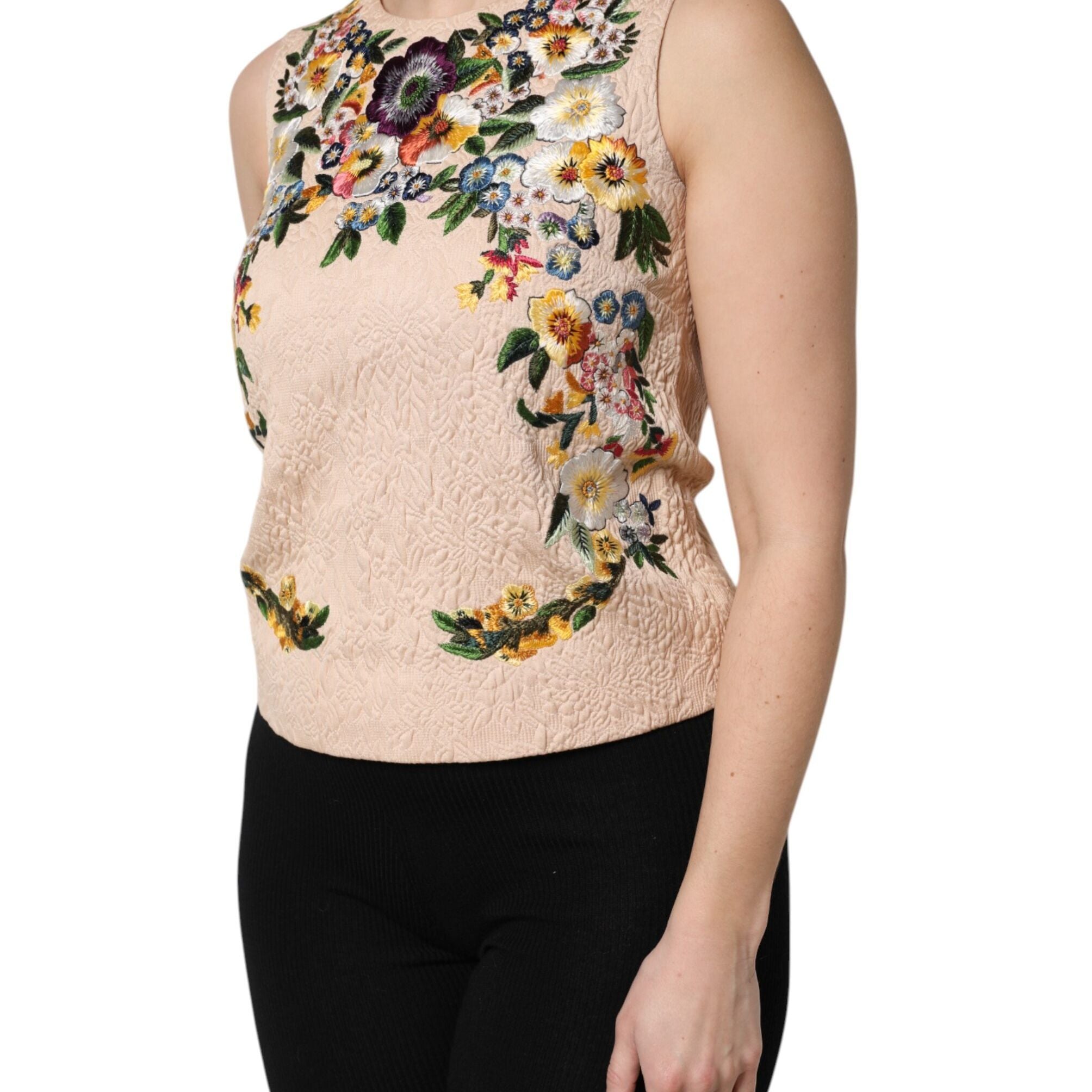 Dolce & Gabbana Beige Floral Embroidery Sleeveless Tank Top