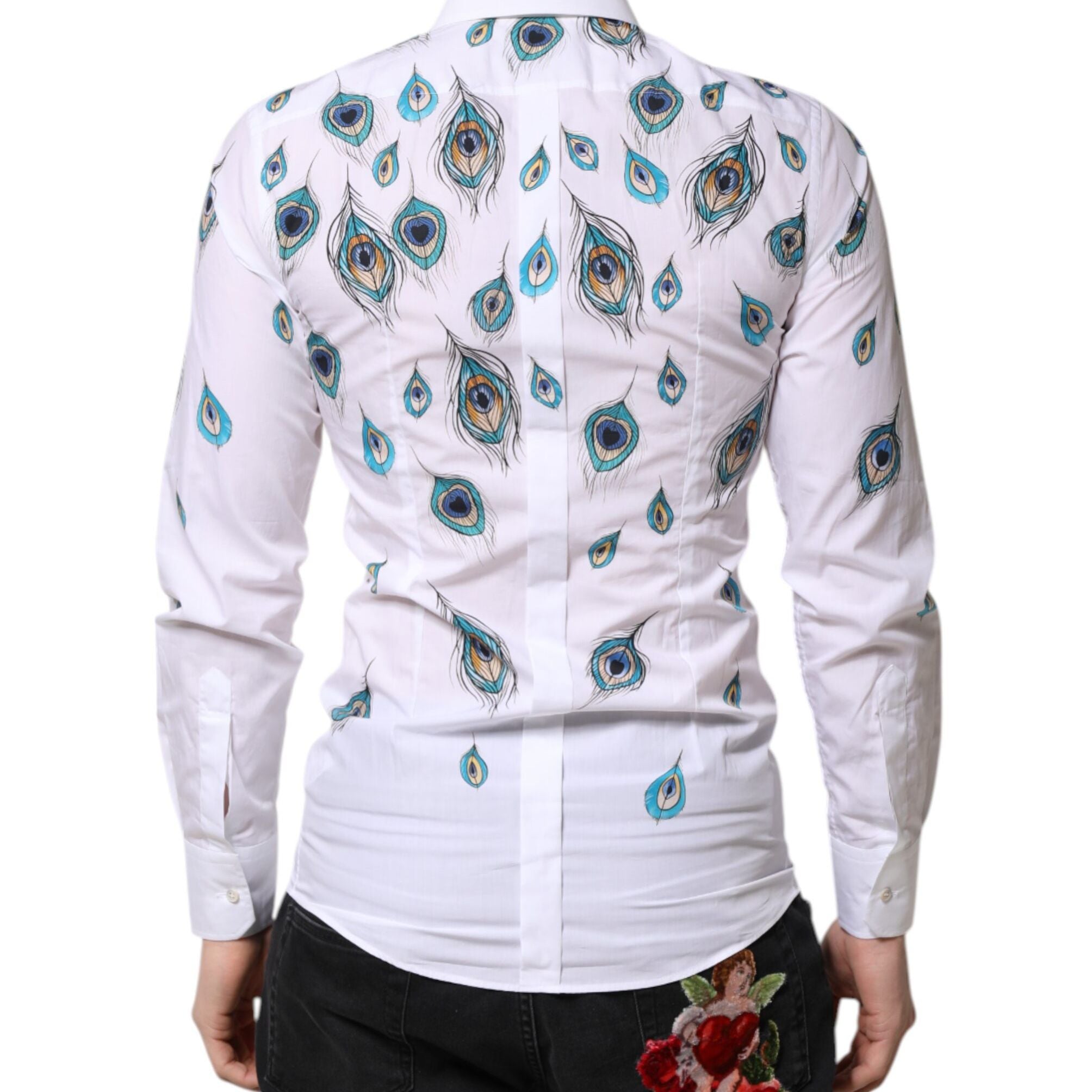Dolce & Gabbana White Cotton Feather Print GOLD Dress Shirt