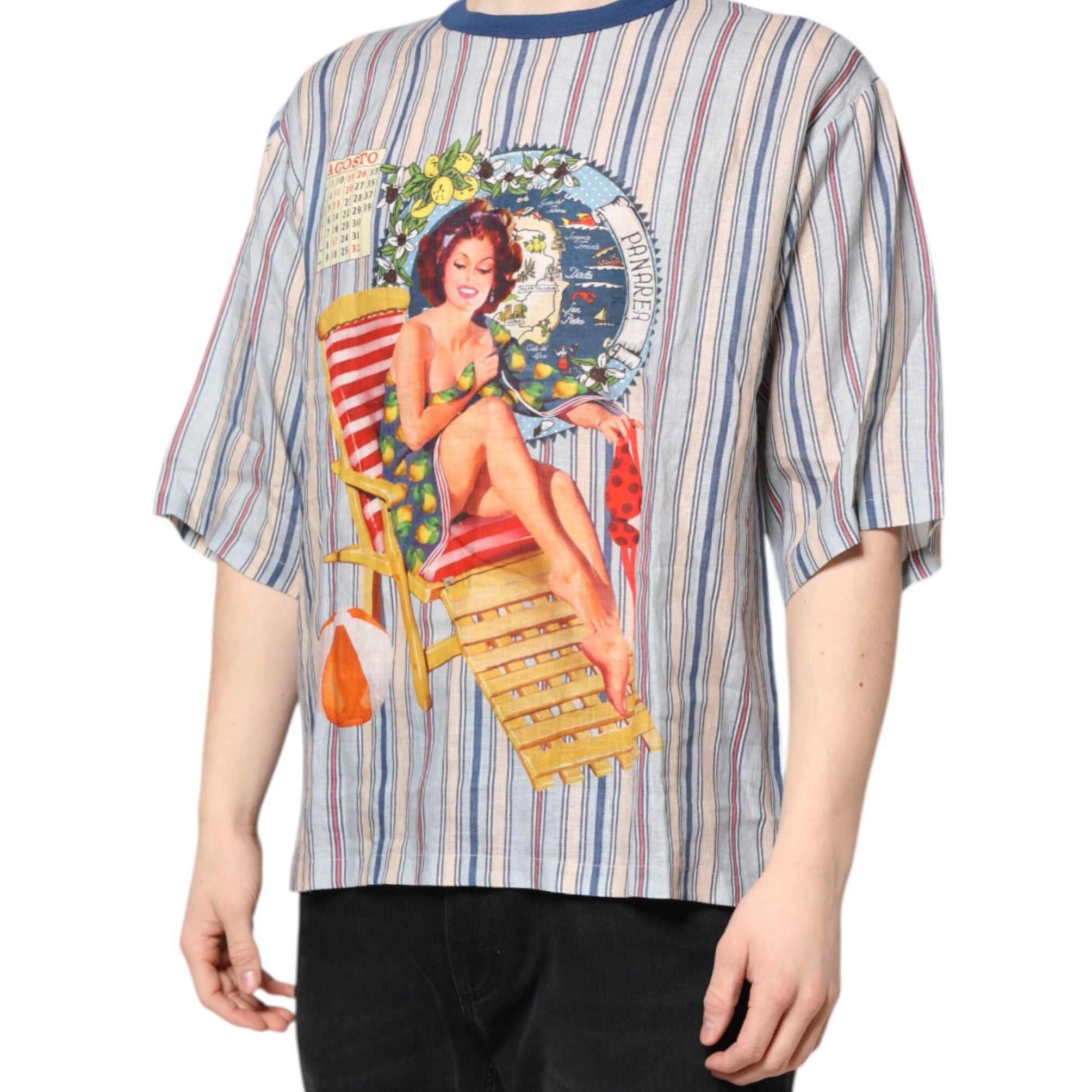 Dolce & Gabbana Multicolor Striped Pin Up Linen Round Neck T-shirt