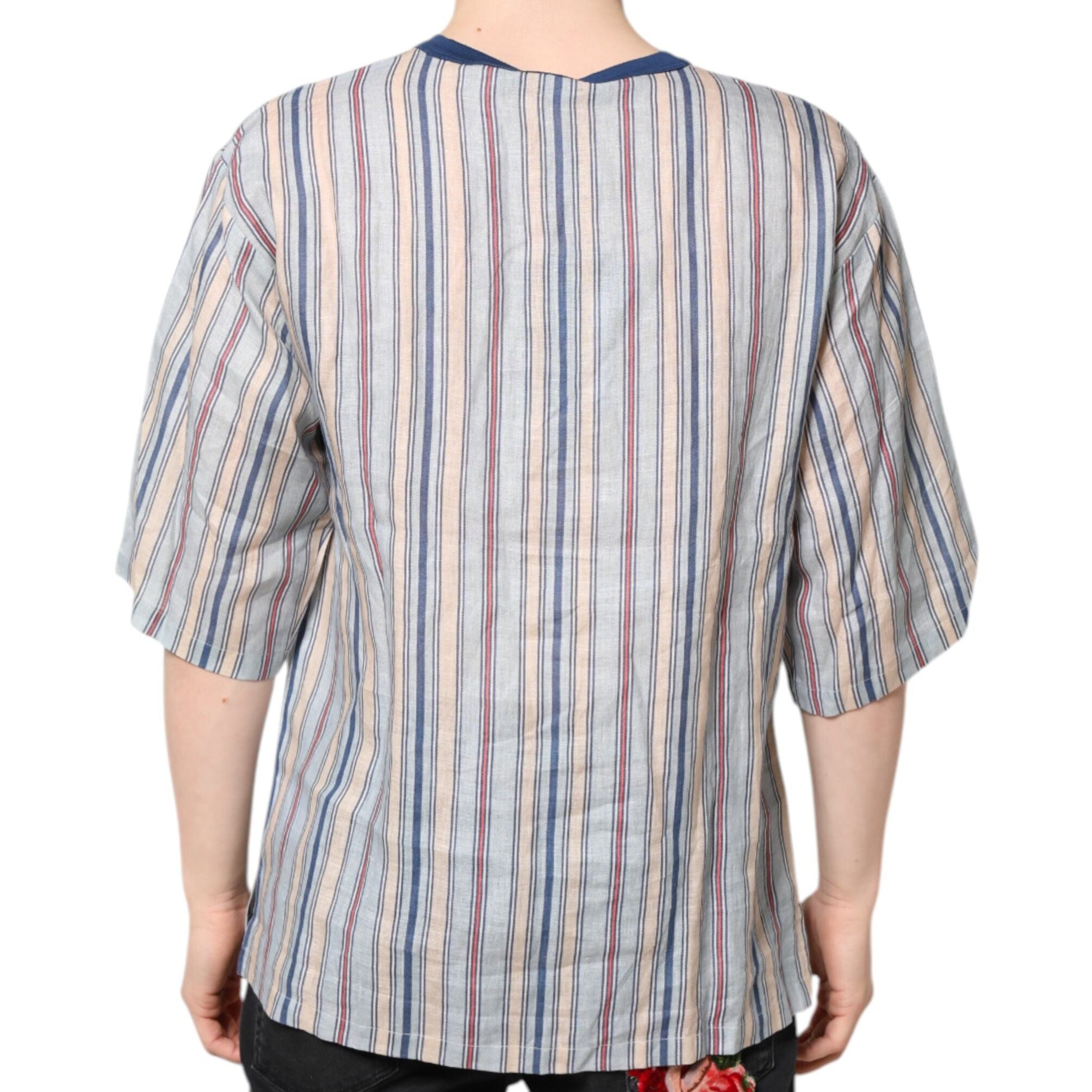 Dolce & Gabbana Multicolor Striped Pin Up Linen Round Neck T-shirt