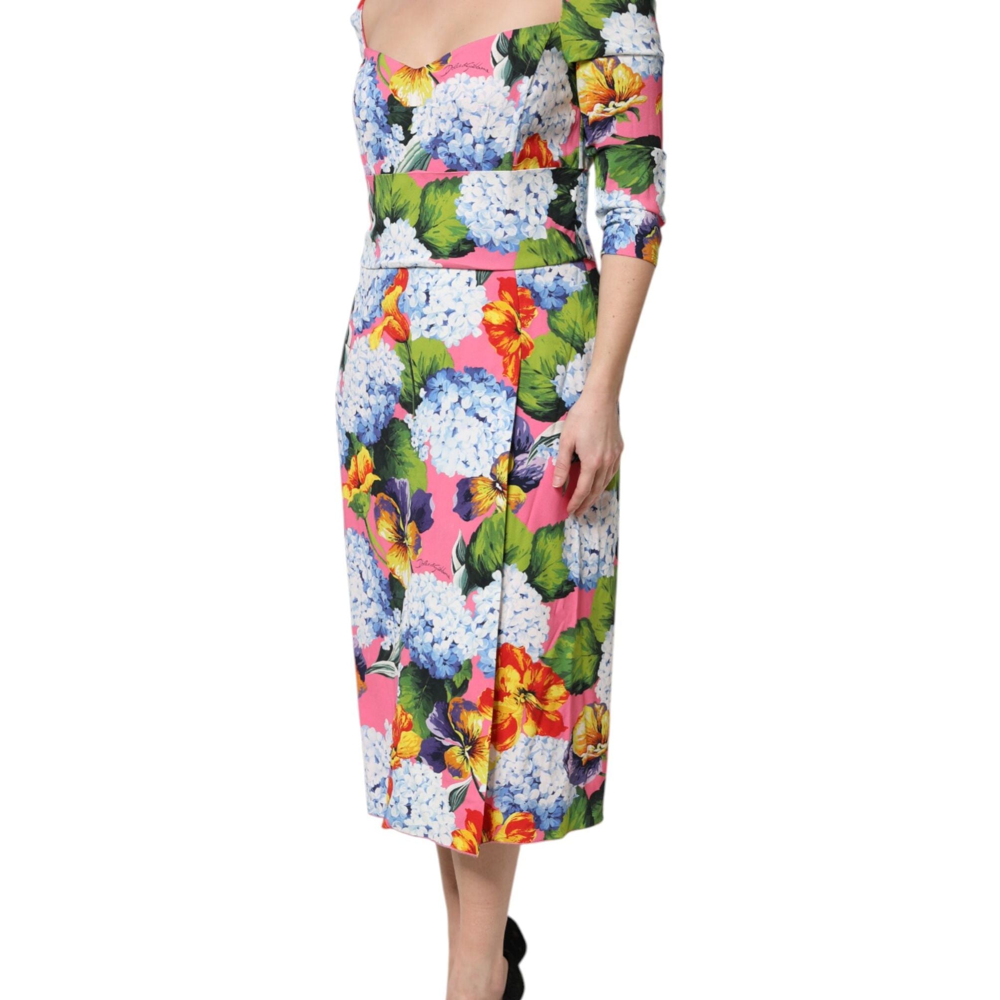 Dolce & Gabbana Multicolor Floral Pleated Sheath Midi  Dress