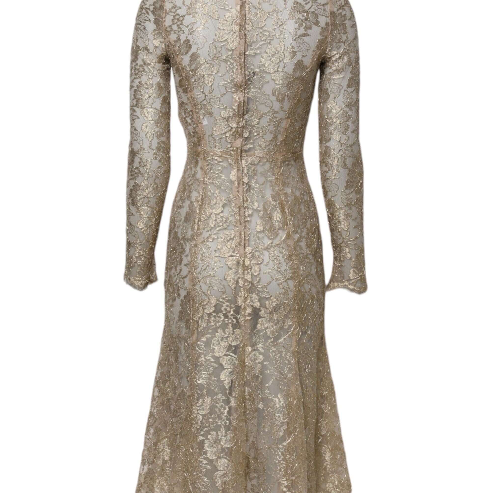 Dolce & Gabbana Gold Floral Lace Long Sleeves Fit & Flare Dress