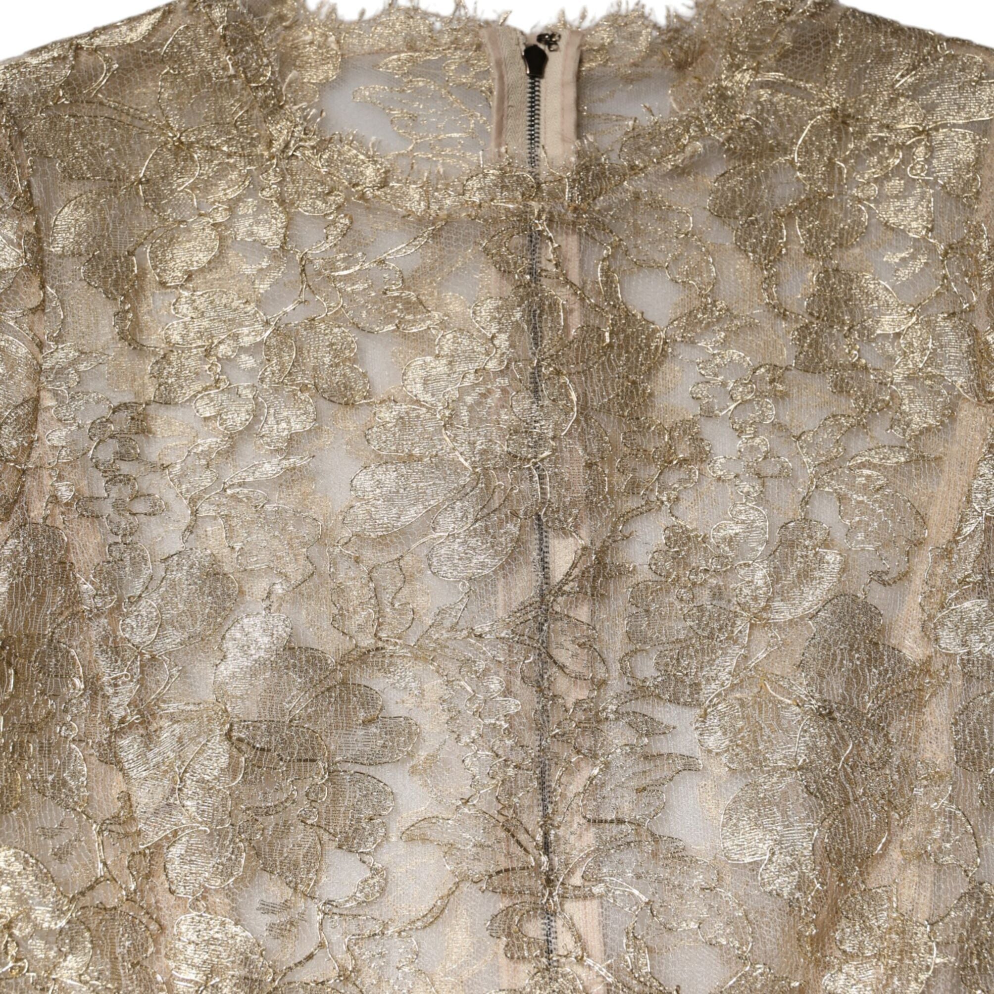 Dolce & Gabbana Gold Floral Lace Long Sleeves Fit & Flare Dress
