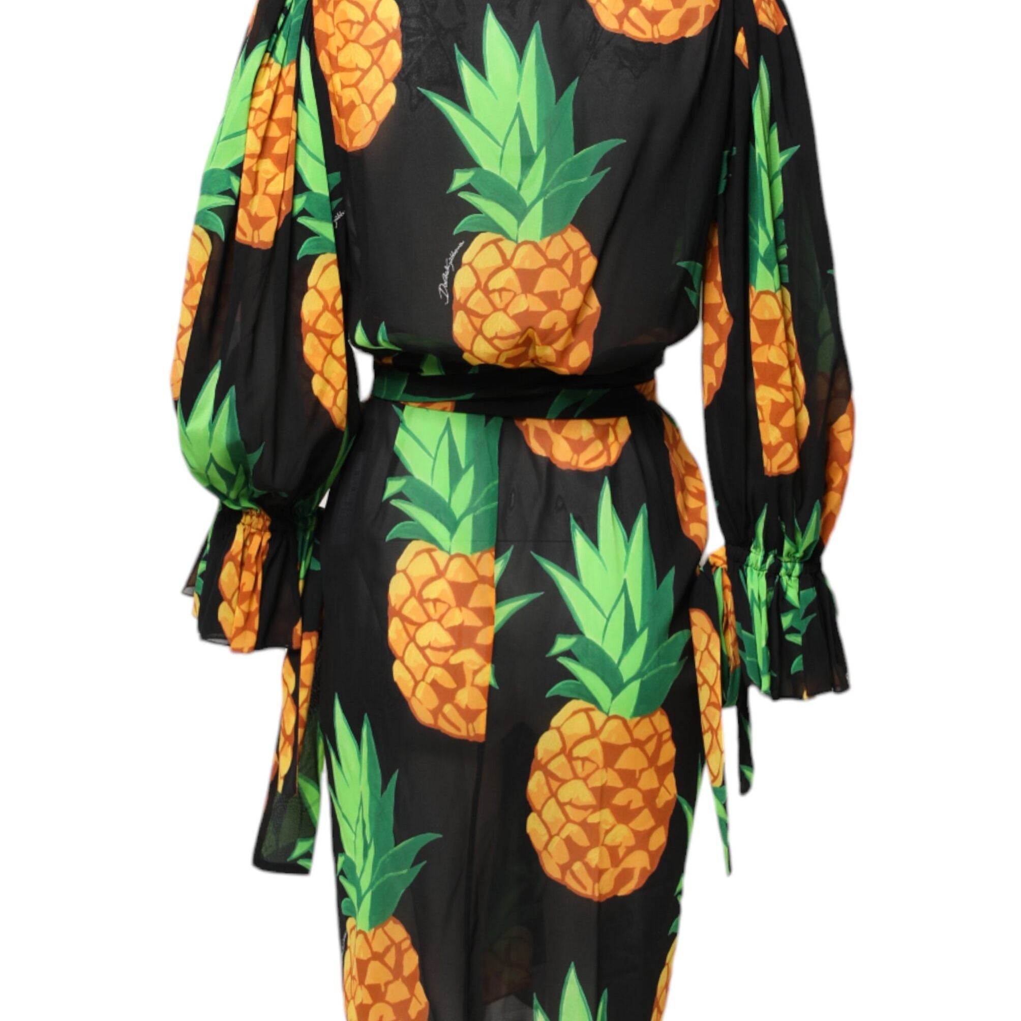 Dolce & Gabbana Black Pineapple Print Silk Wrap Mini Dress
