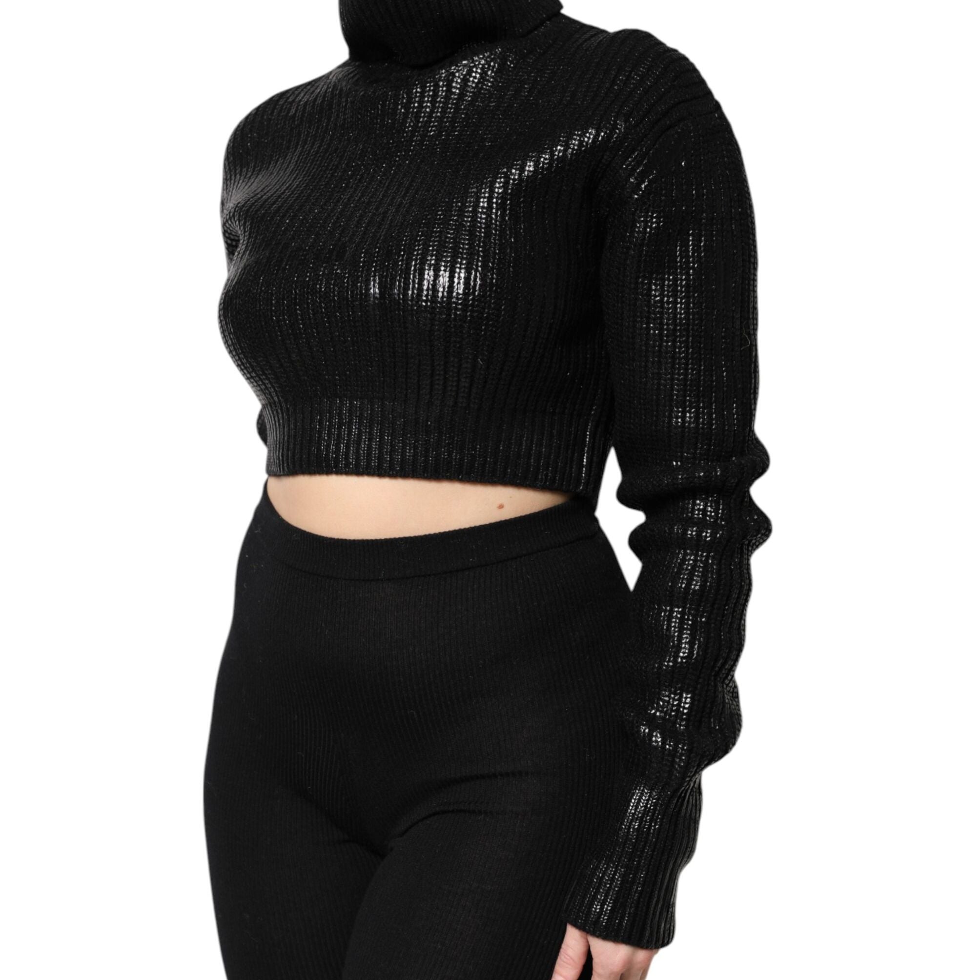 Dolce & Gabbana Black Wool Long Sleeve Turtleneck Cropped Top