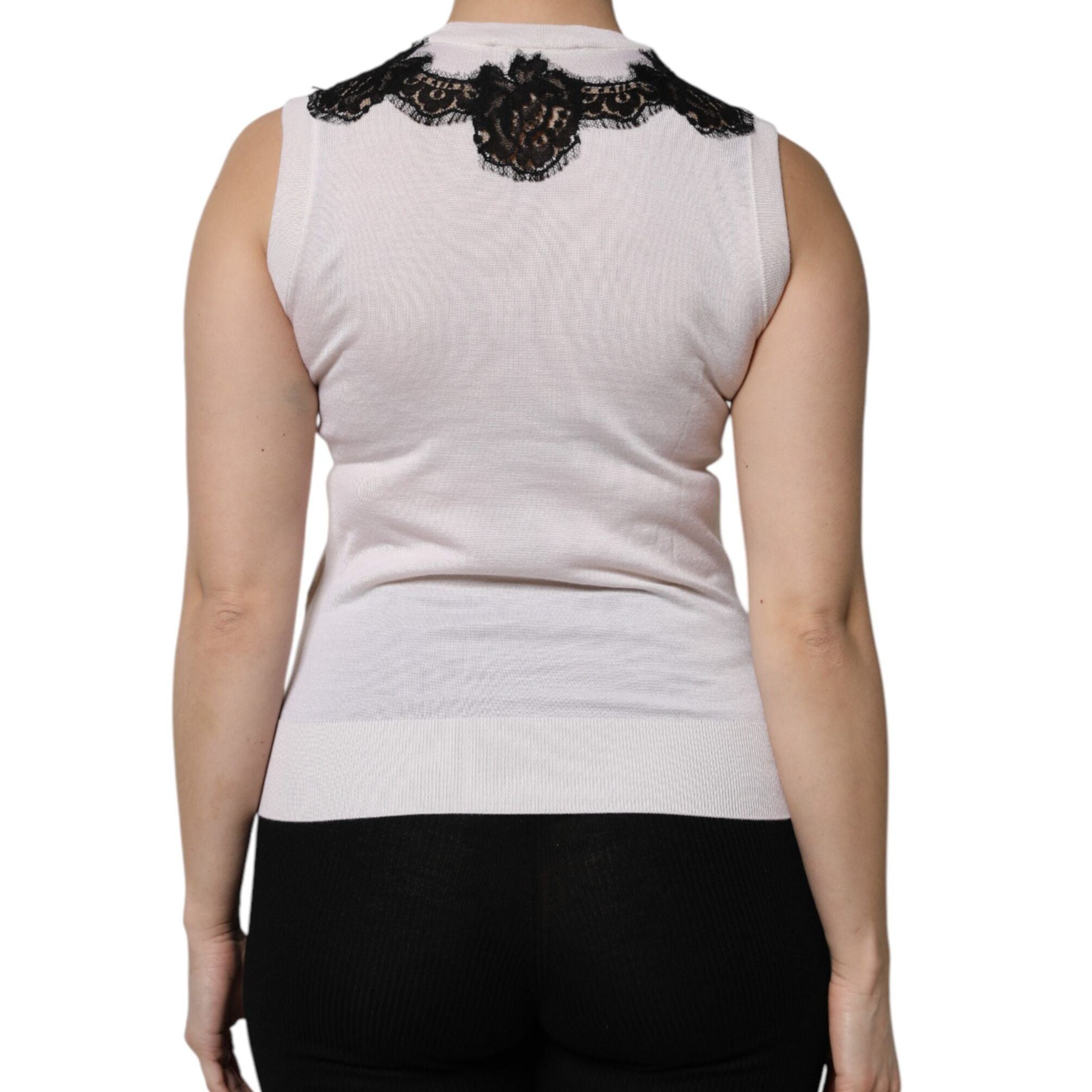 Dolce & Gabbana White Cashmere Floral Lace Detailing Tank Top