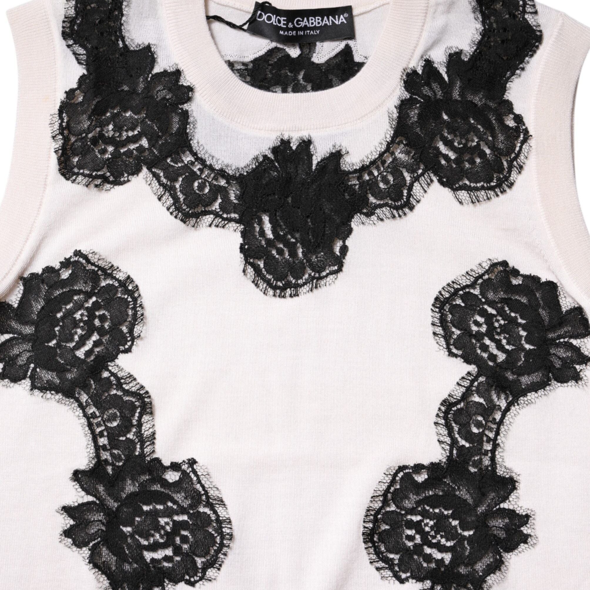 Dolce & Gabbana White Cashmere Floral Lace Detailing Tank Top