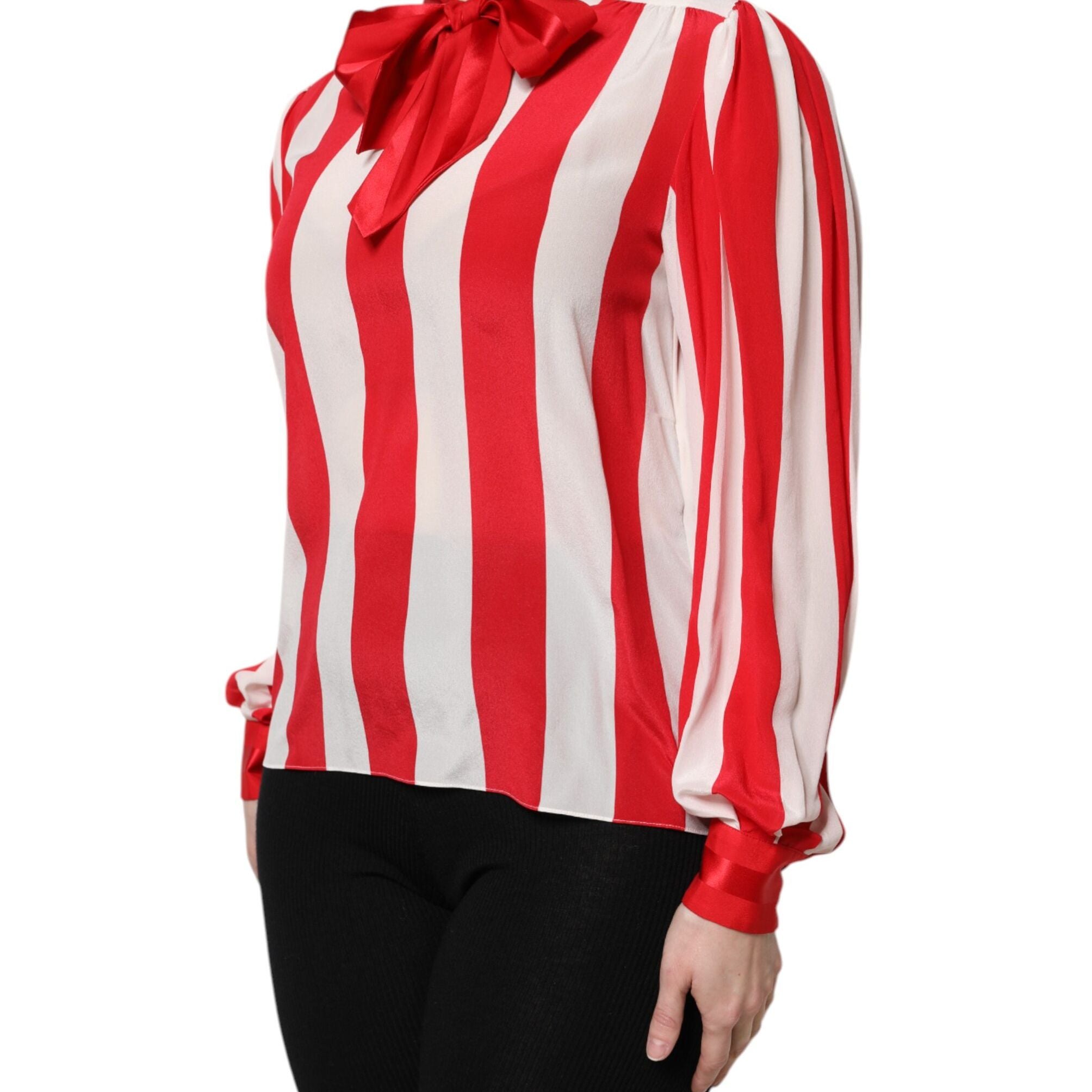 Dolce & Gabbana Red White Stripes Ascot Collar Blouse Top