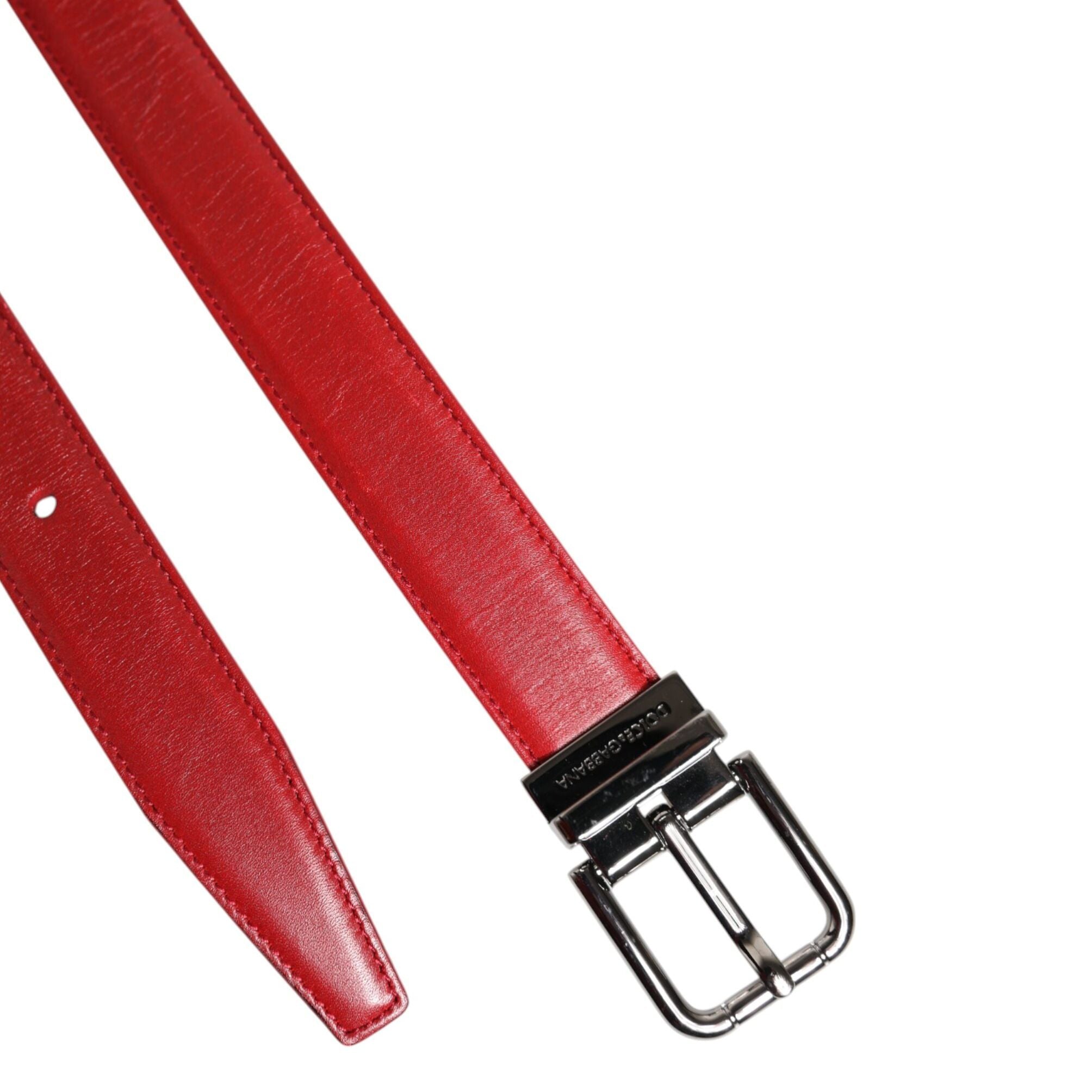 Dolce & Gabbana Red Leather Silver Tone Metal Buckle Belt