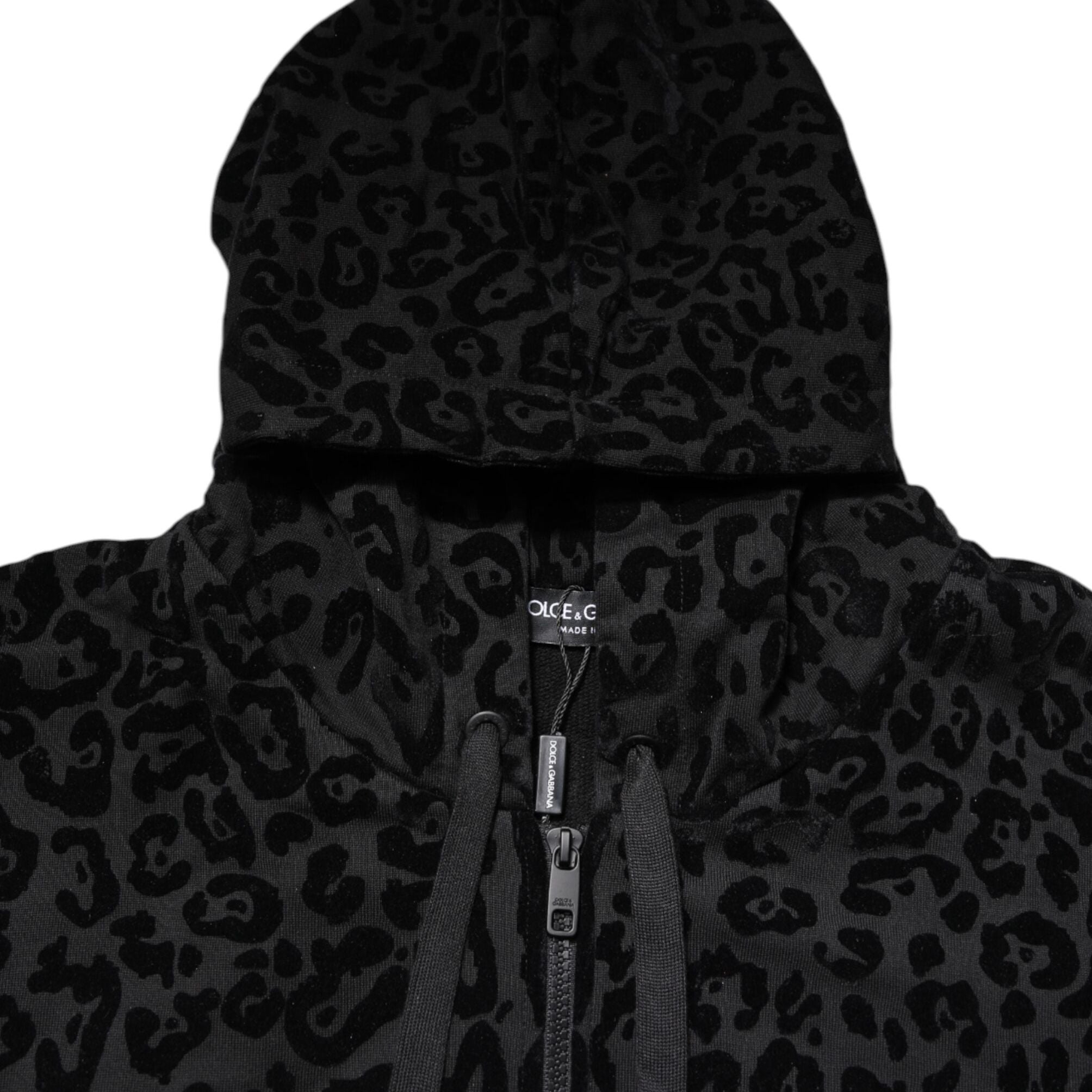 Dolce & Gabbana Black Leopard Full Zip Hooded Sweatshirt Sweater