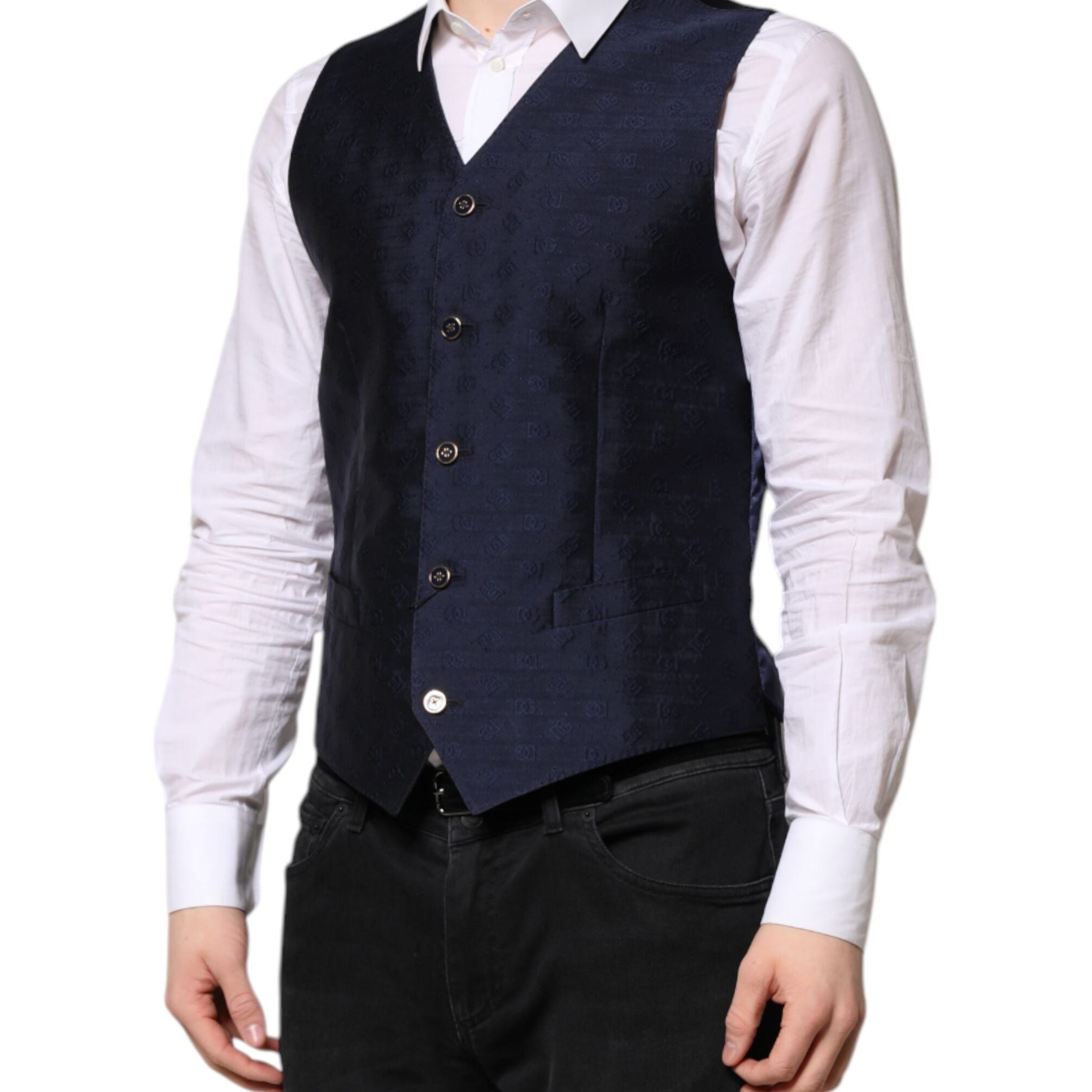 Dolce & Gabbana Dark Blue Logo Wool Formal Men Waistcoat Vest