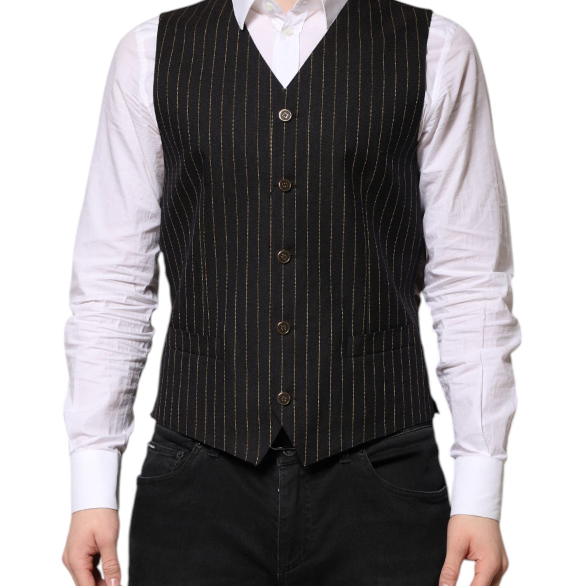 Dolce & Gabbana Black Stripes Wool Formal Men Waistcoat Vest