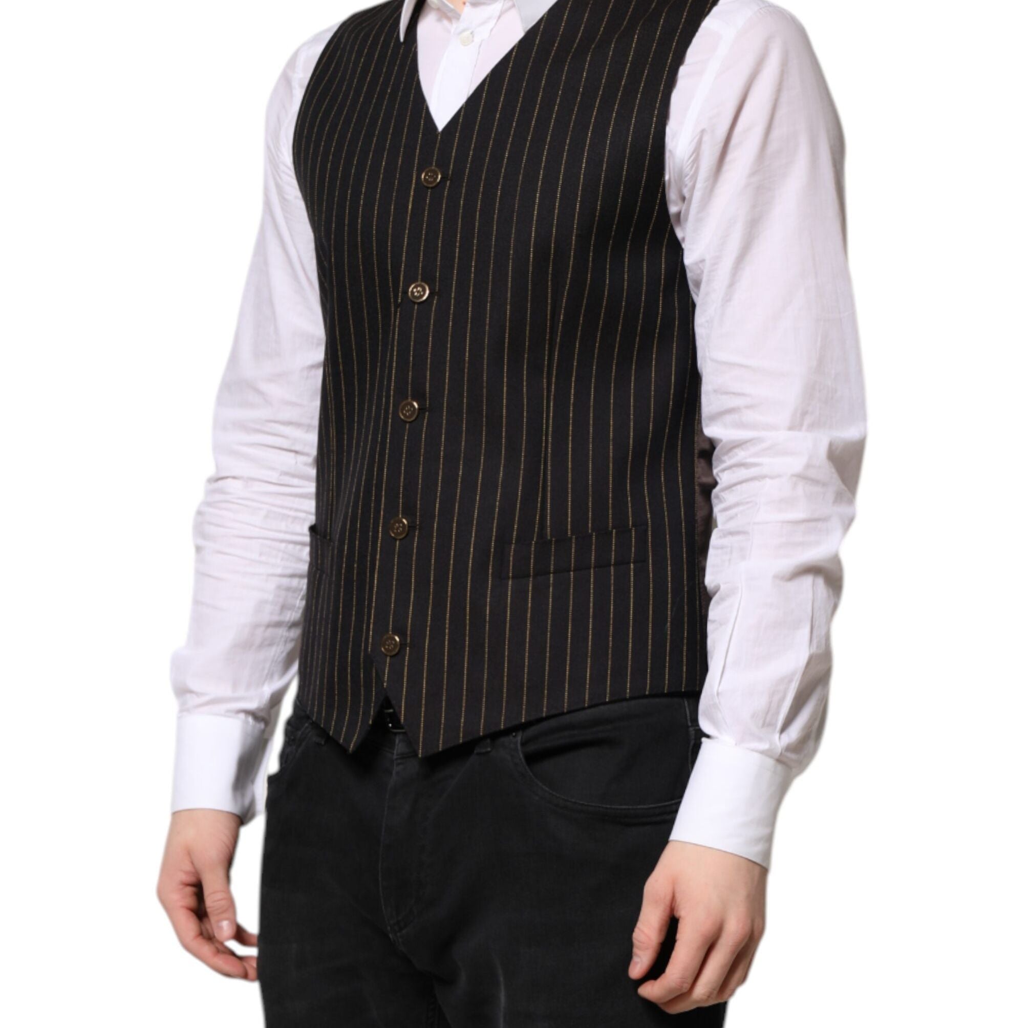 Dolce & Gabbana Black Stripes Wool Formal Men Waistcoat Vest