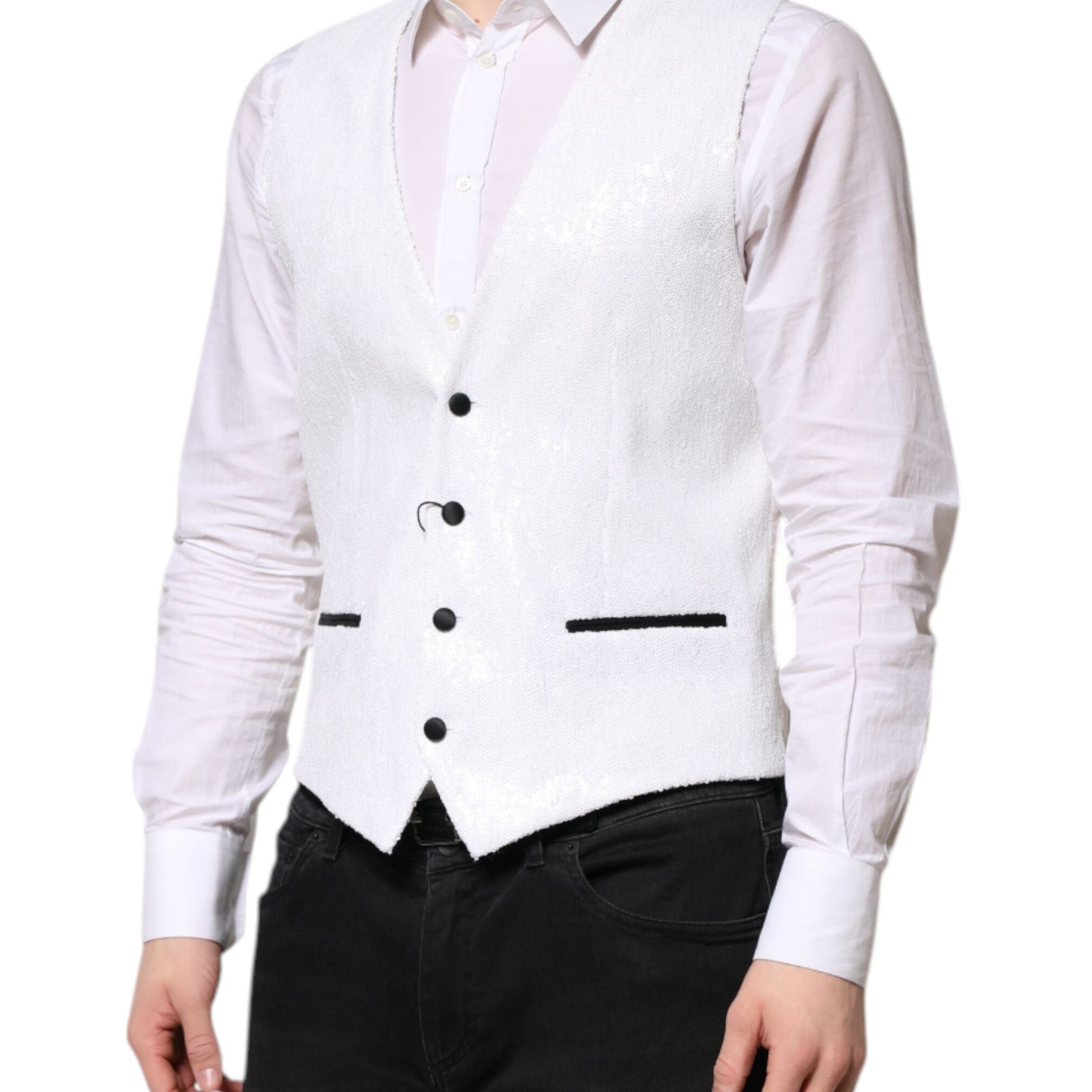 Dolce & Gabbana White Sequined Dress Formal Waistcoat Vest
