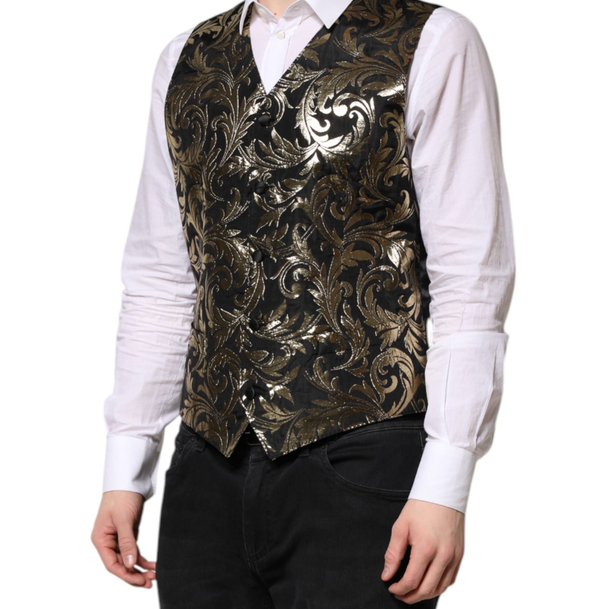 Dolce & Gabbana Black Gold Jacquard Formal Men Waistcoat Vest