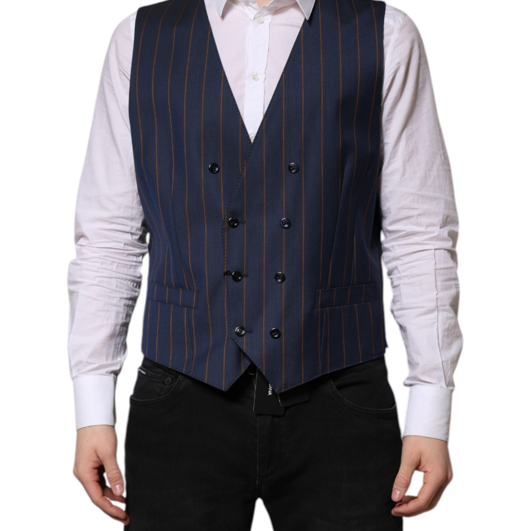 Dolce & Gabbana Blue Stripes Wool Formal Men Waistcoat Vest
