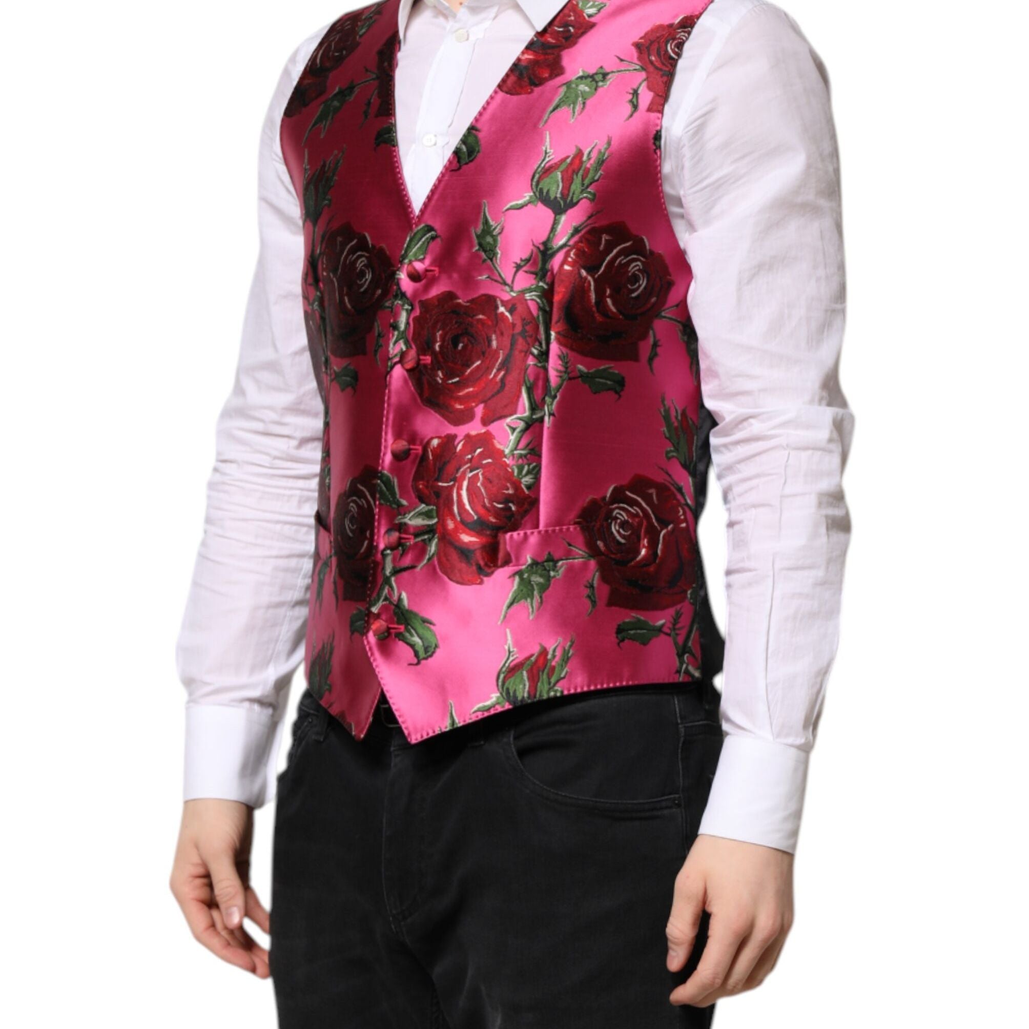 Dolce & Gabbana Pink Floral Satin Formal Men Waistcoat Vest