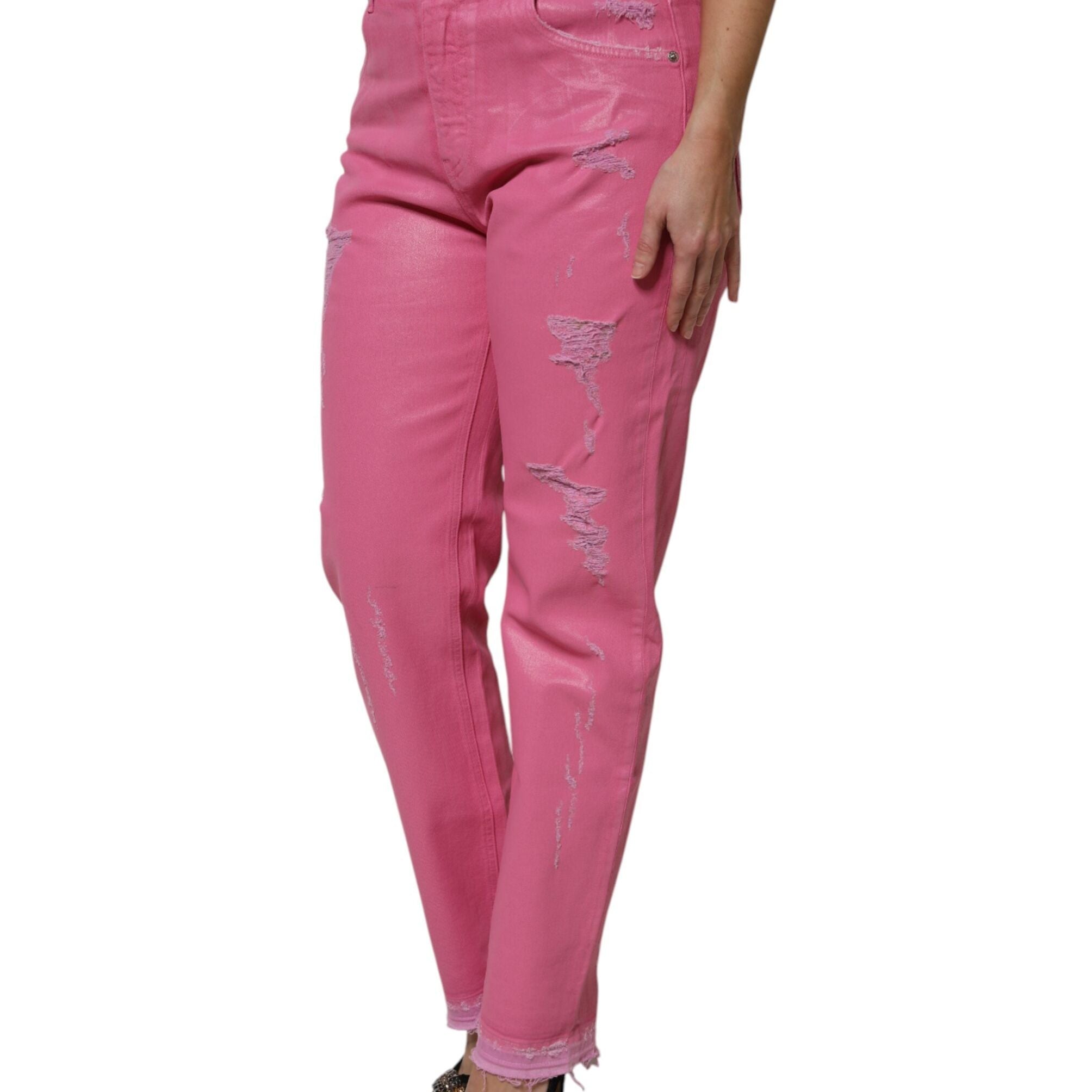 Dolce & Gabbana Pink Tattered Mid Waist Tapered Denim Jeans