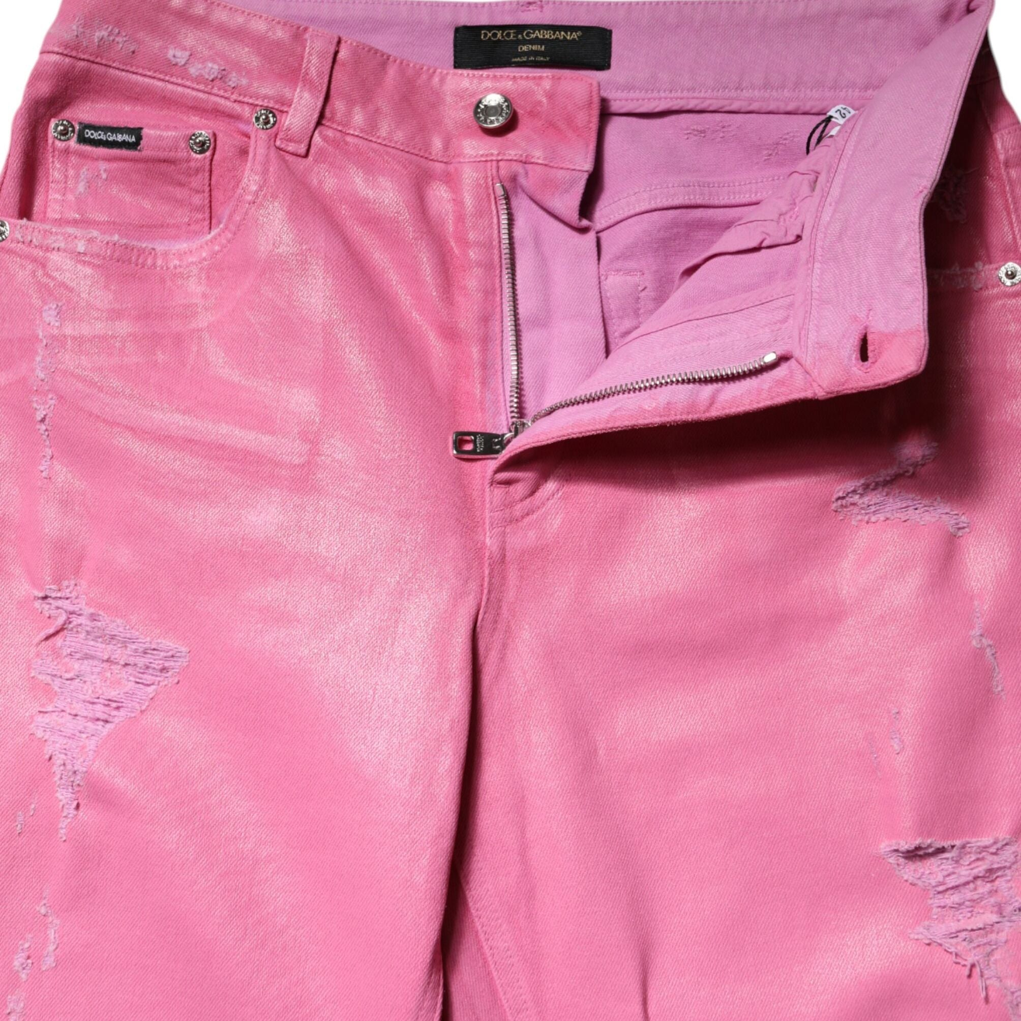 Dolce & Gabbana Pink Tattered Mid Waist Tapered Denim Jeans