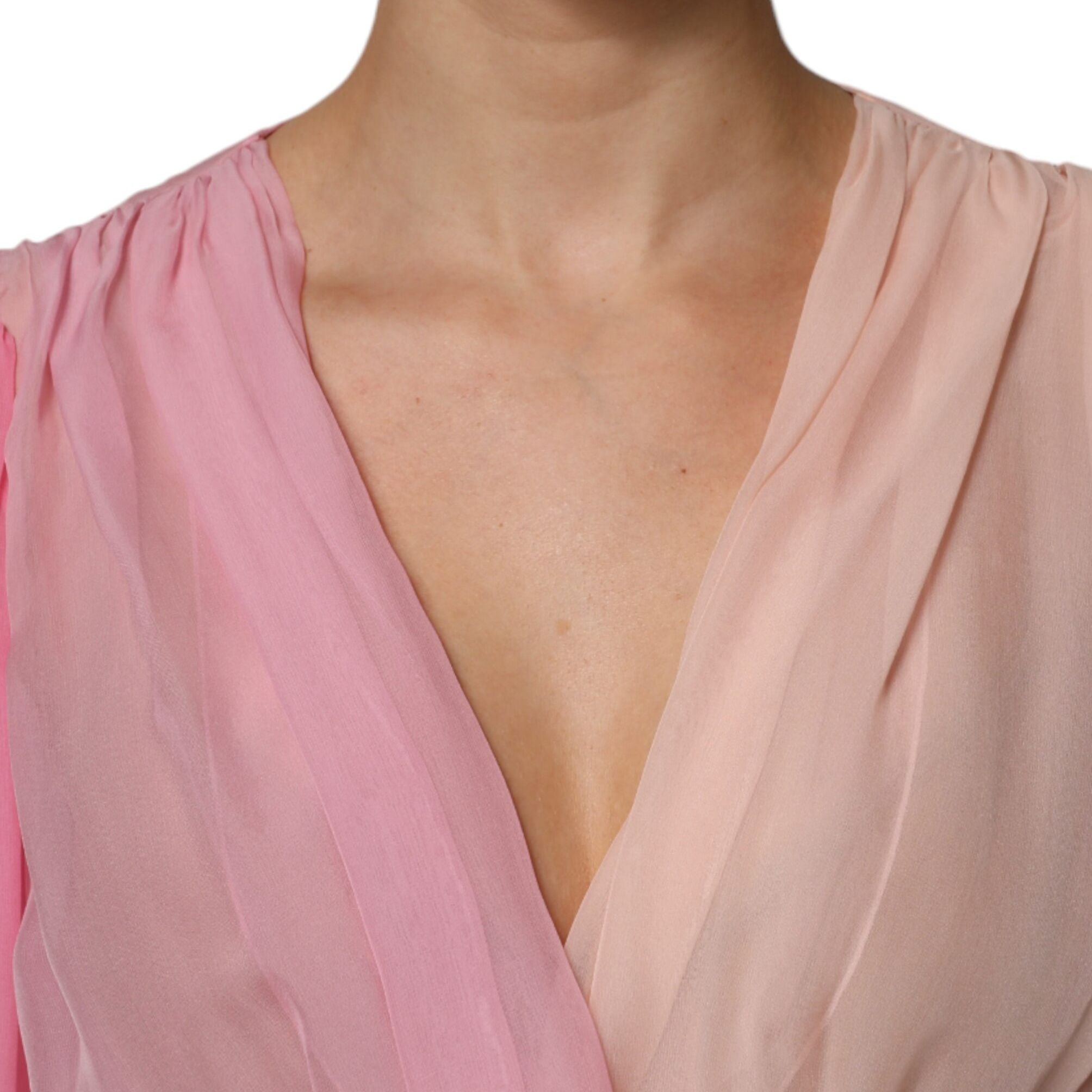 Dolce & Gabbana Pink Plunging V-neck Long Sleeves Blouse Top