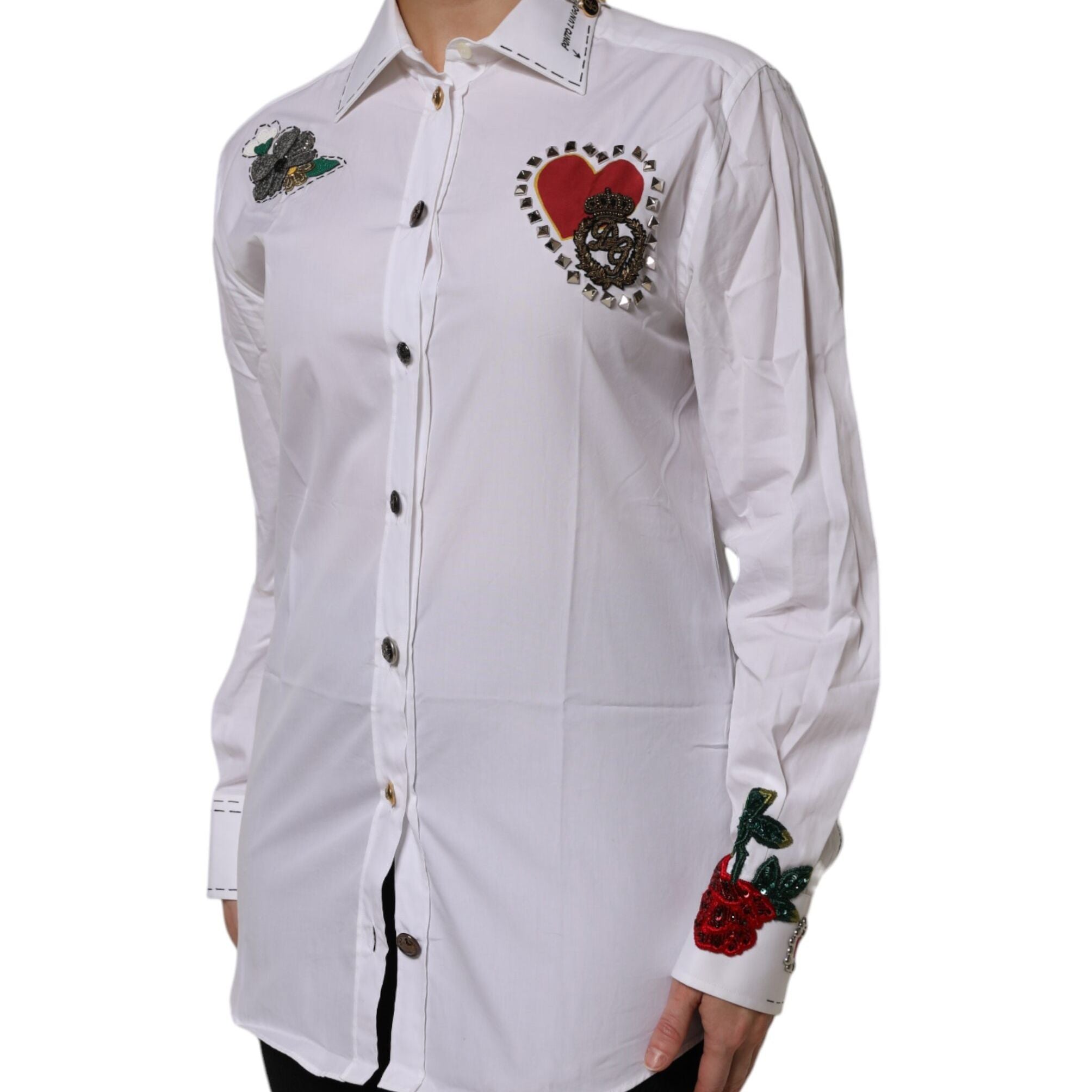 Dolce & Gabbana White Cotton Floral Embellished Shirt Top