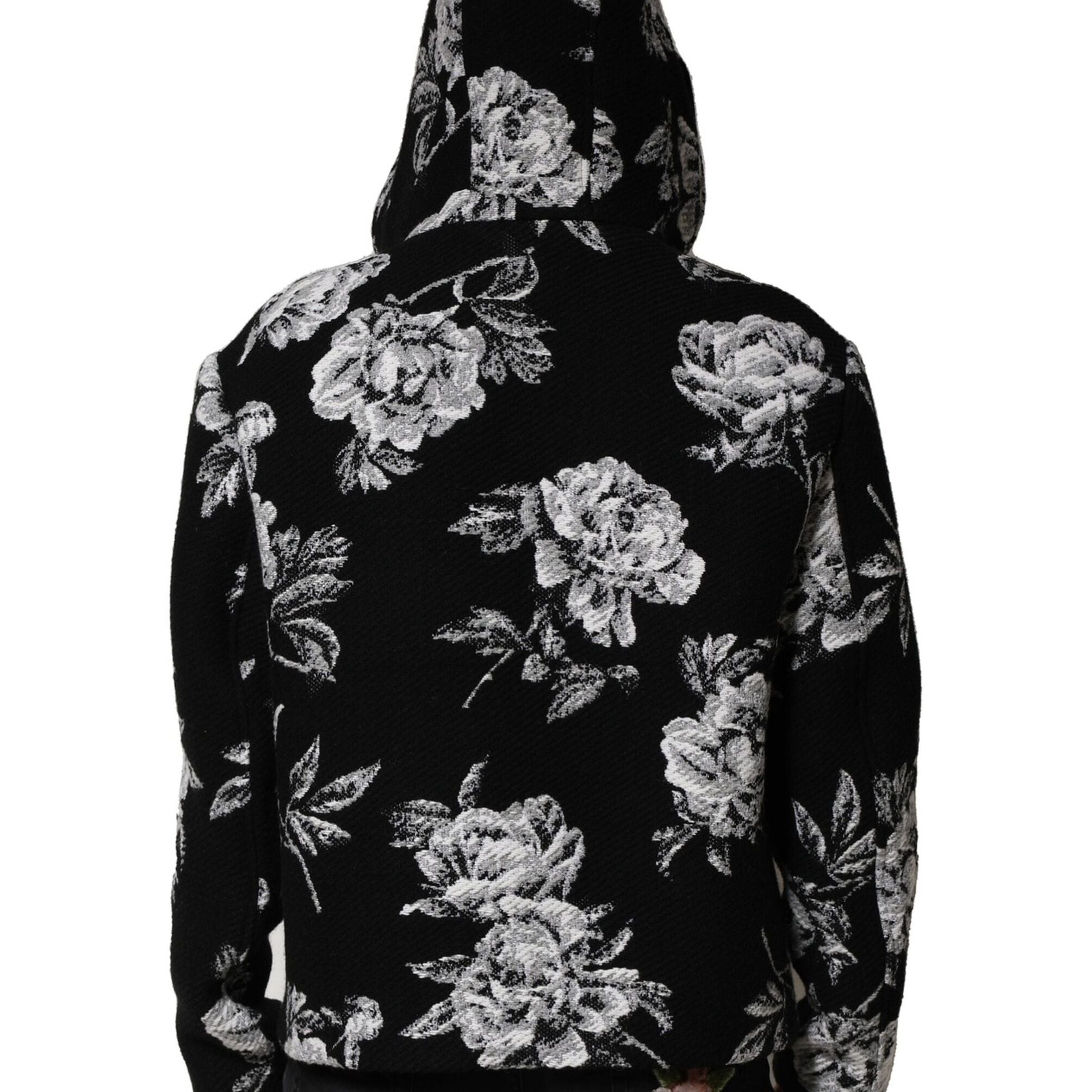 Dolce & Gabbana Black Wool Floral Printed Men Hooded Jacket