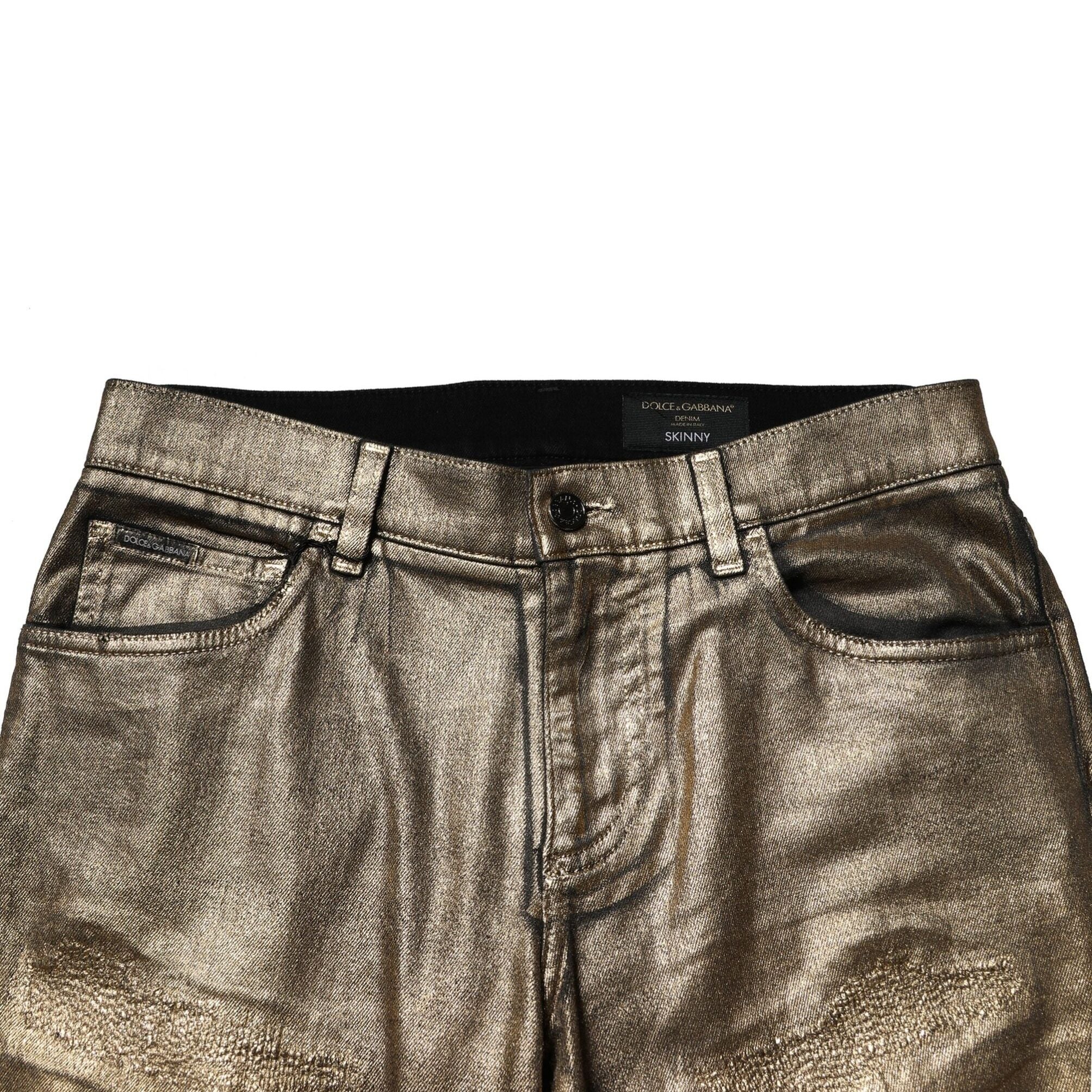 Dolce & Gabbana Gold Tattered Cotton Stretch Slim Denim Jeans