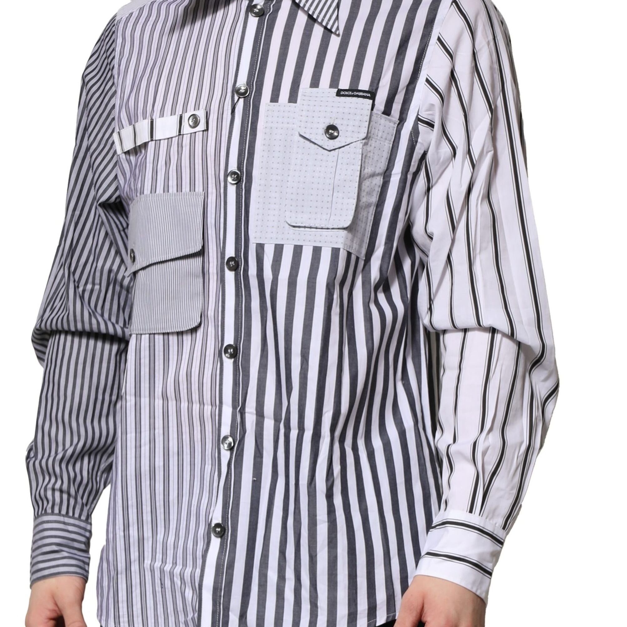 Dolce & Gabbana White Gray Striped Cotton Men Casual Shirt