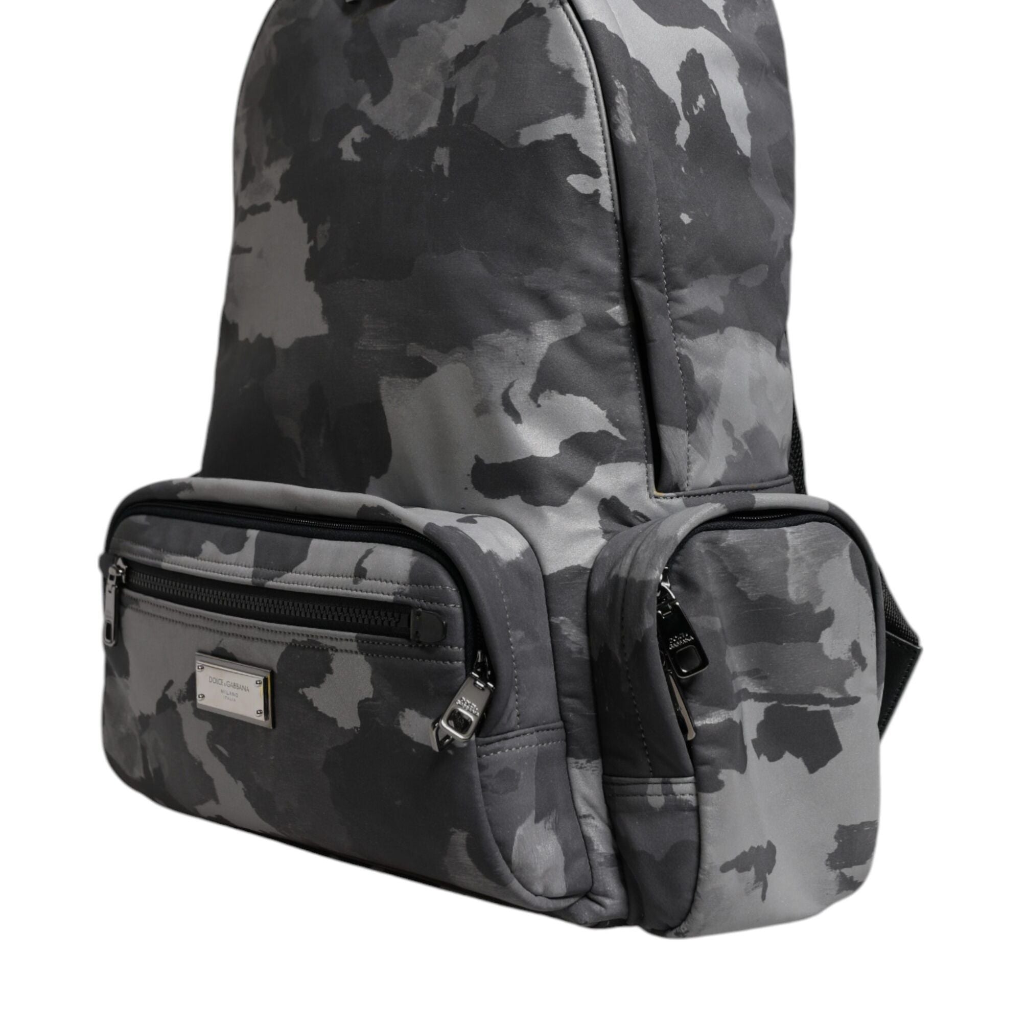 Dolce & Gabbana Gray Cotton Camouflage Logo Plaque Backpack Bag