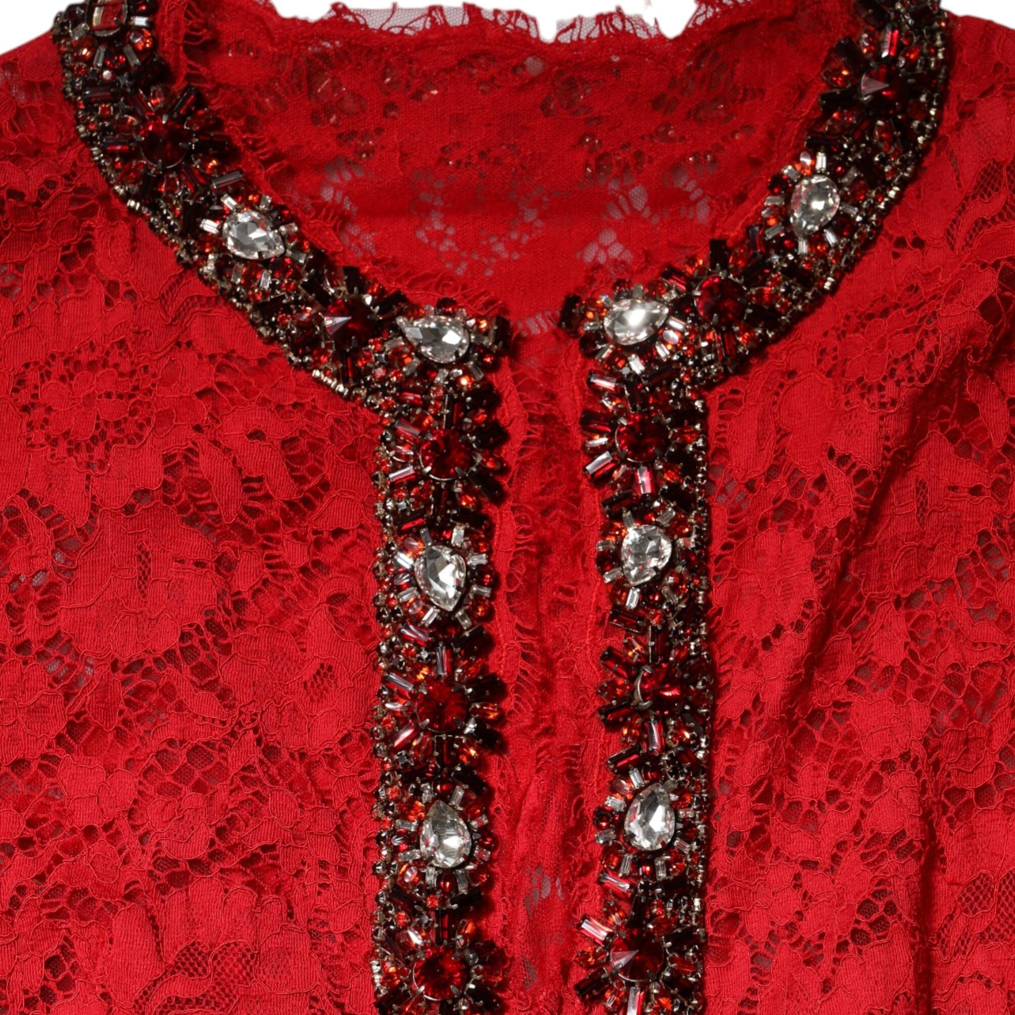 Dolce & Gabbana Red Floral Lace Rhinestone Embellished Dress