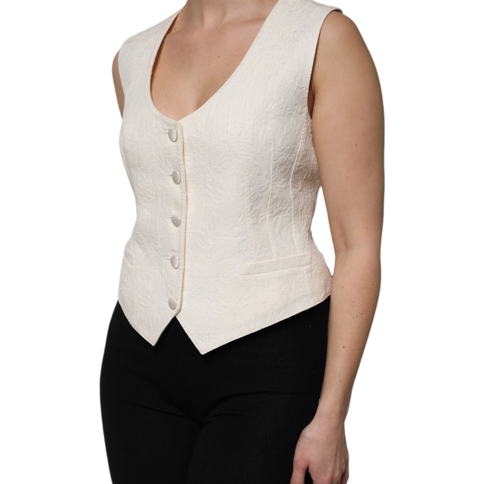 Dolce & Gabbana Ivory Cotton Button Down Sleeveless Vest Top