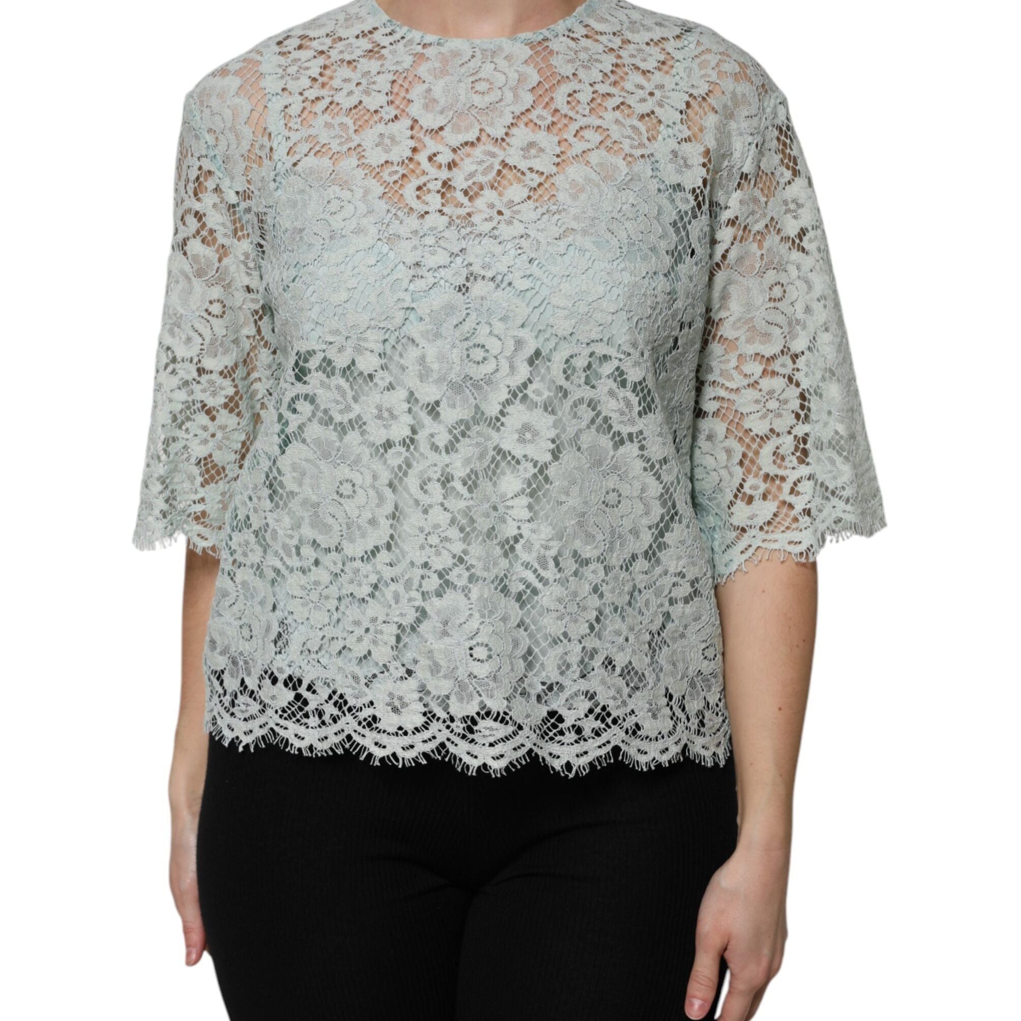 Dolce & Gabbana Mint Green Floral Lace Cotton Blouse Top