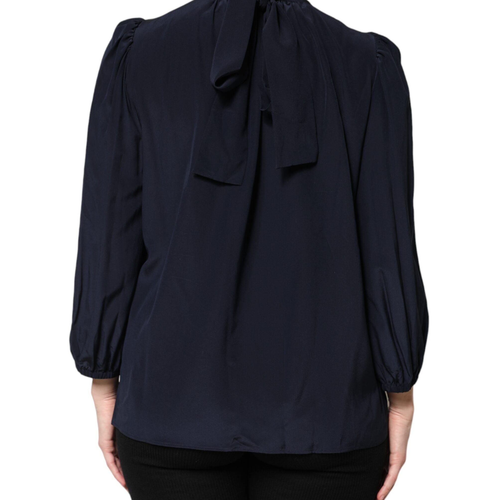 Dolce & Gabbana Blue Silk Mock Neck Long Sleeves Blouse Top