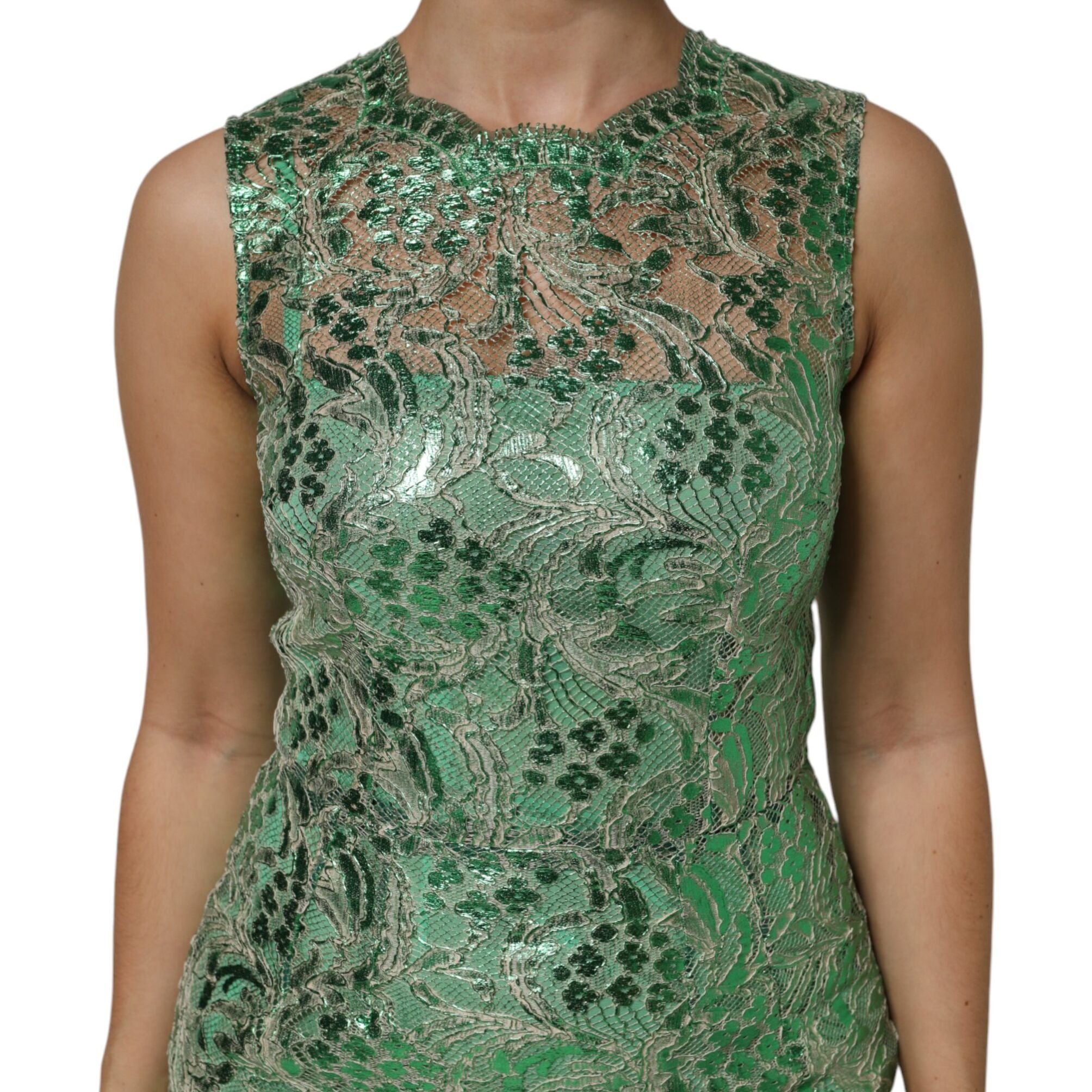 Dolce & Gabbana Green Cotton Floral Lace Sheath Midi Dress