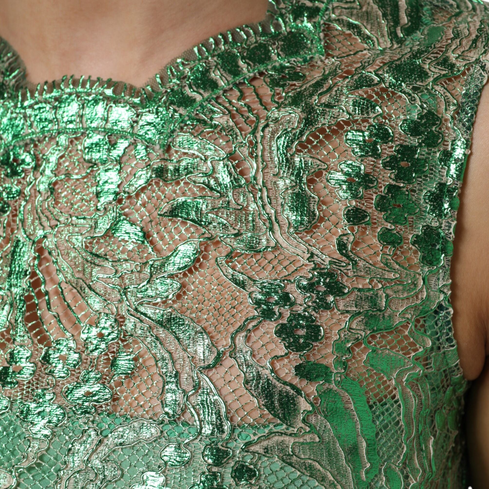 Dolce & Gabbana Green Cotton Floral Lace Sheath Midi Dress
